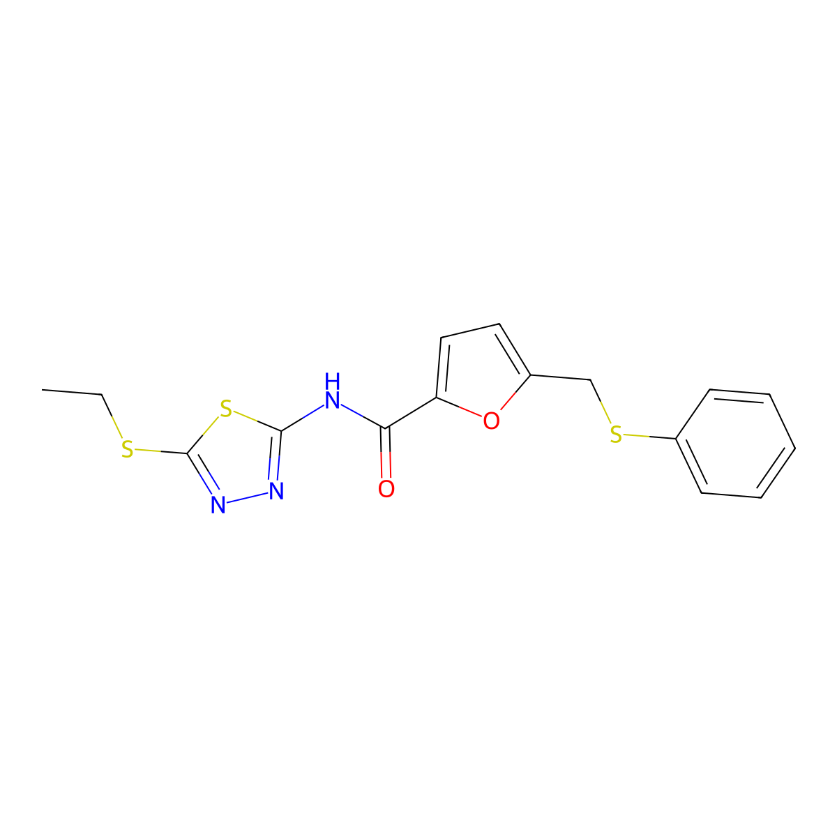 N-[5-(ethylsulfanyl)-1,3,4-thiadiazol-2-yl]-5-[(phenylsulfanyl)methyl]furan-2-carboxamide molecular structure, CAS 853891-56-2