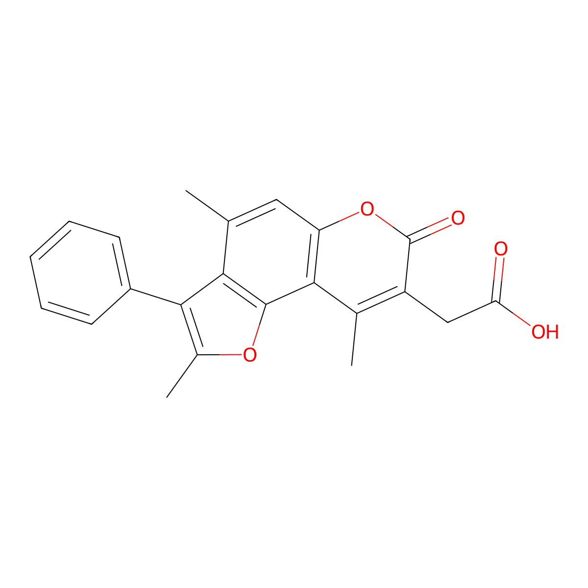(2,4,9-trimethyl-7-oxo-3-phenyl-7H-furo[2,3-f]chromen-8-yl)acetic acid molecular structure, CAS 853892-51-0