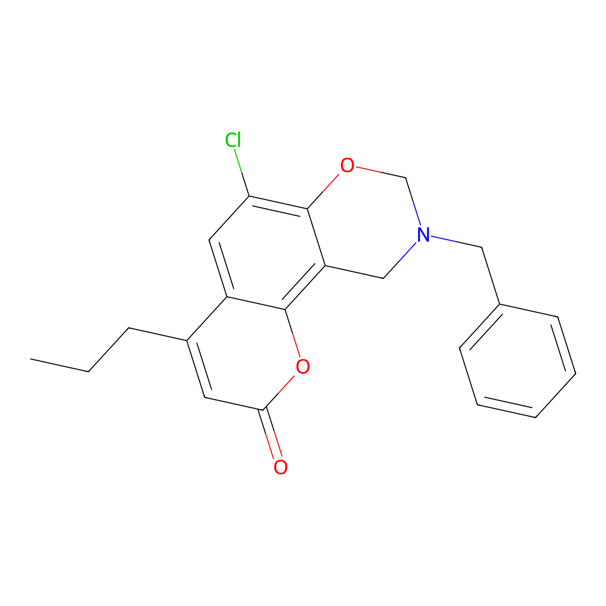 9-benzyl-6-chloro-4-propyl-9,10-dihydro-2H,8H-chromeno[8,7-e][1,3]oxazin-2-one molecular structure, CAS 853892-81-6