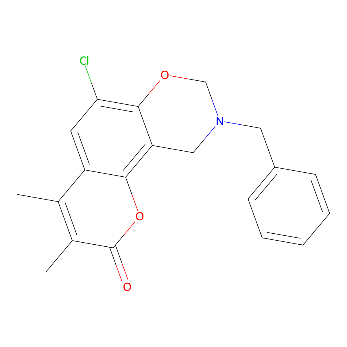 9-benzyl-6-chloro-3,4-dimethyl-9,10-dihydro-2H,8H-chromeno[8,7-e][1,3]oxazin-2-one molecular structure, CAS 853892-82-7