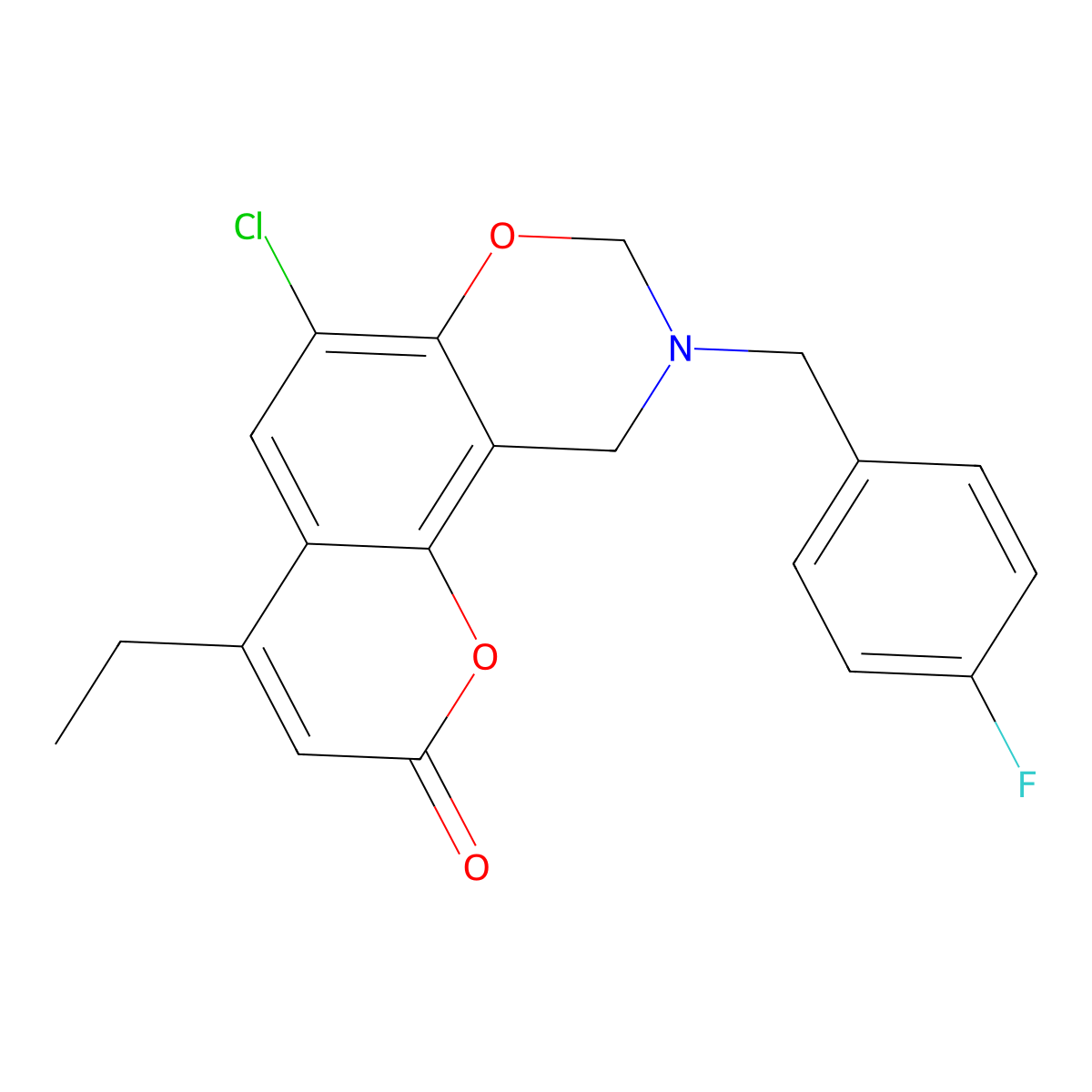 6-chloro-4-ethyl-9-(4-fluorobenzyl)-9,10-dihydro-2H,8H-chromeno[8,7-e][1,3]oxazin-2-one molecular structure, CAS 853892-91-8