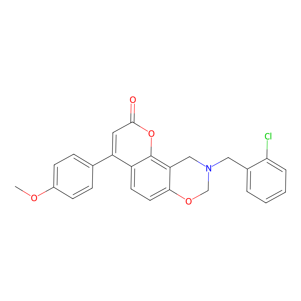 9-(2-chlorobenzyl)-4-(4-methoxyphenyl)-9,10-dihydro-2H,8H-chromeno[8,7-e][1,3]oxazin-2-one molecular structure, CAS 853893-02-4