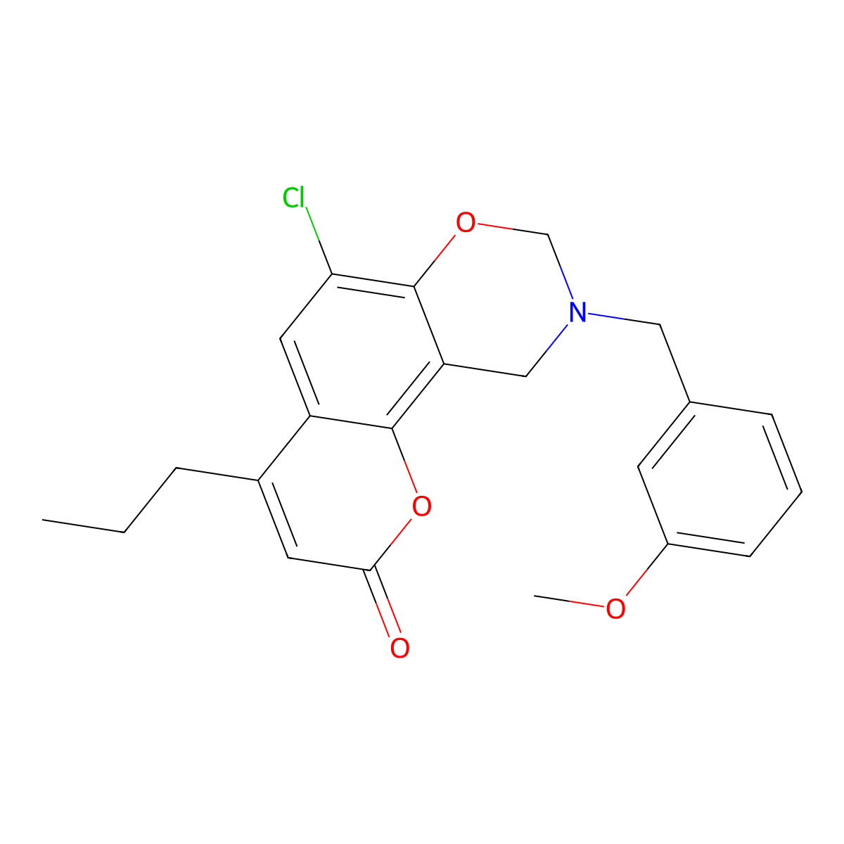 6-chloro-9-(3-methoxybenzyl)-4-propyl-9,10-dihydro-2H,8H-chromeno[8,7-e][1,3]oxazin-2-one molecular structure, CAS 853893-14-8