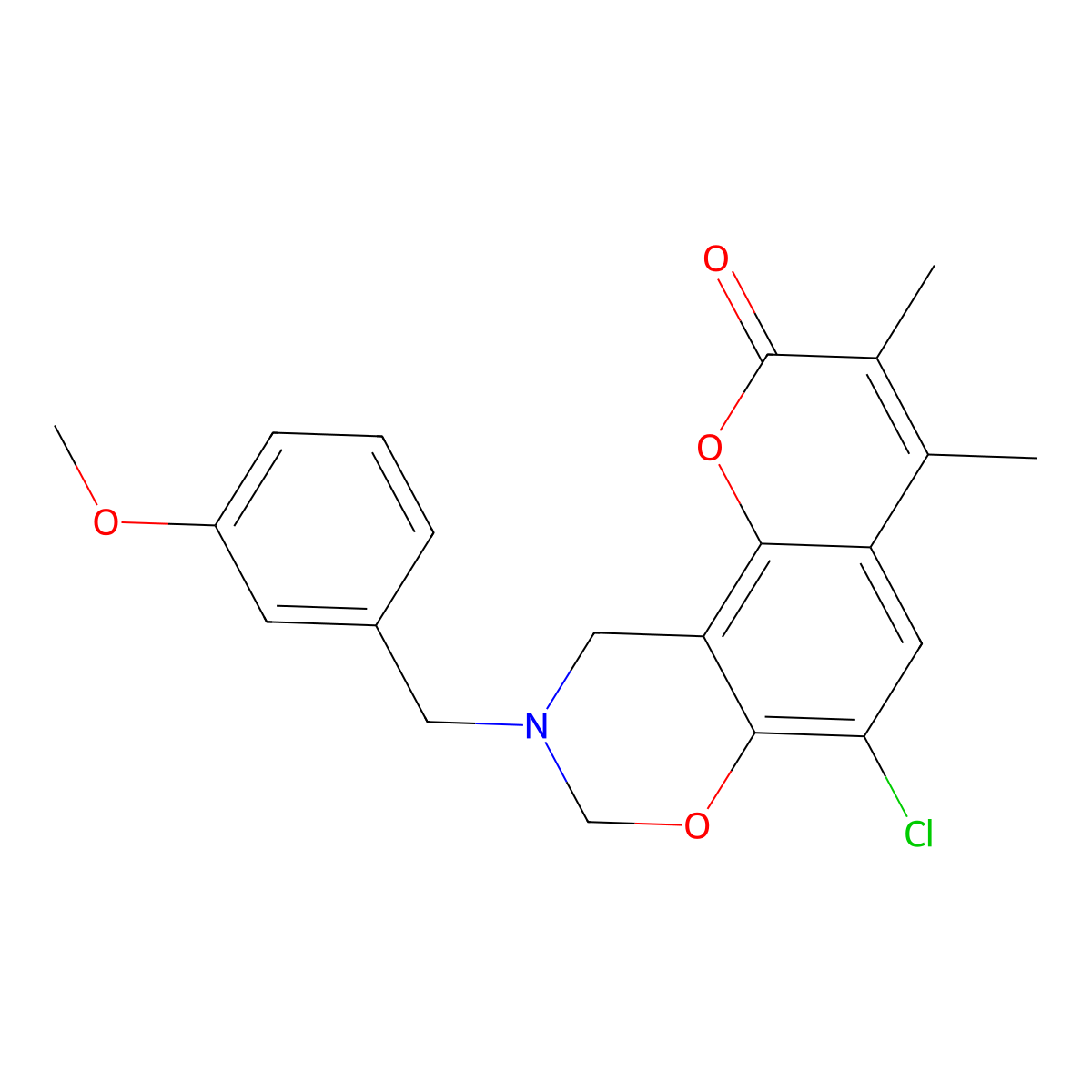 6-chloro-9-(3-methoxybenzyl)-3,4-dimethyl-9,10-dihydro-2H,8H-chromeno[8,7-e][1,3]oxazin-2-one molecular structure, CAS 853893-15-9