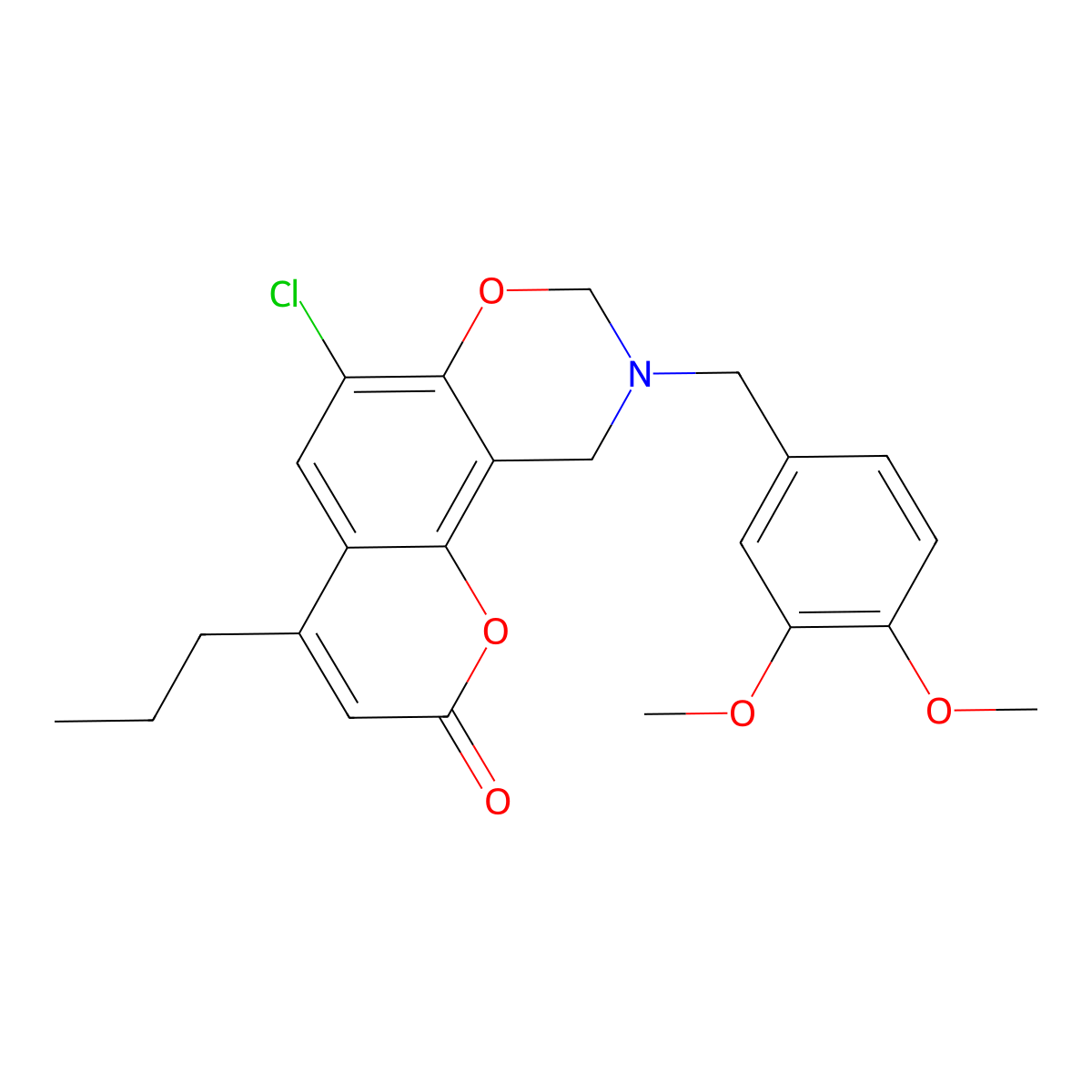 6-chloro-9-(3,4-dimethoxybenzyl)-4-propyl-9,10-dihydro-2H,8H-chromeno[8,7-e][1,3]oxazin-2-one molecular structure, CAS 853893-22-8