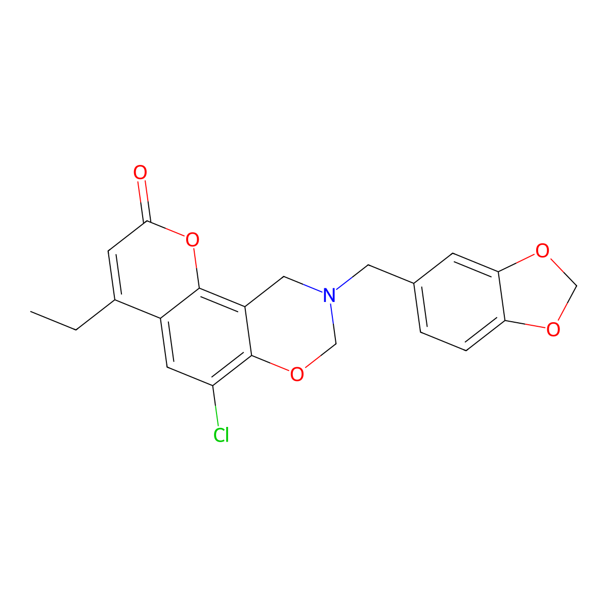 9-(1,3-benzodioxol-5-ylmethyl)-6-chloro-4-ethyl-9,10-dihydro-2H,8H-chromeno[8,7-e][1,3]oxazin-2-one molecular structure, CAS 853893-32-0