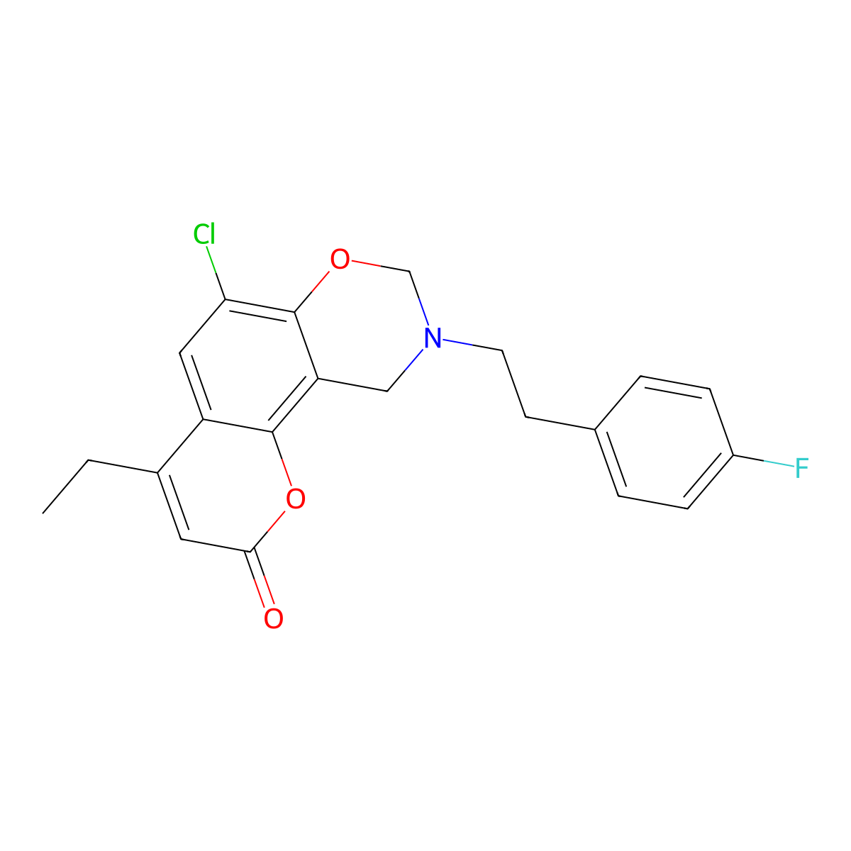 6-chloro-4-ethyl-9-[2-(4-fluorophenyl)ethyl]-9,10-dihydro-2H,8H-chromeno[8,7-e][1,3]oxazin-2-one molecular structure, CAS 853893-53-5