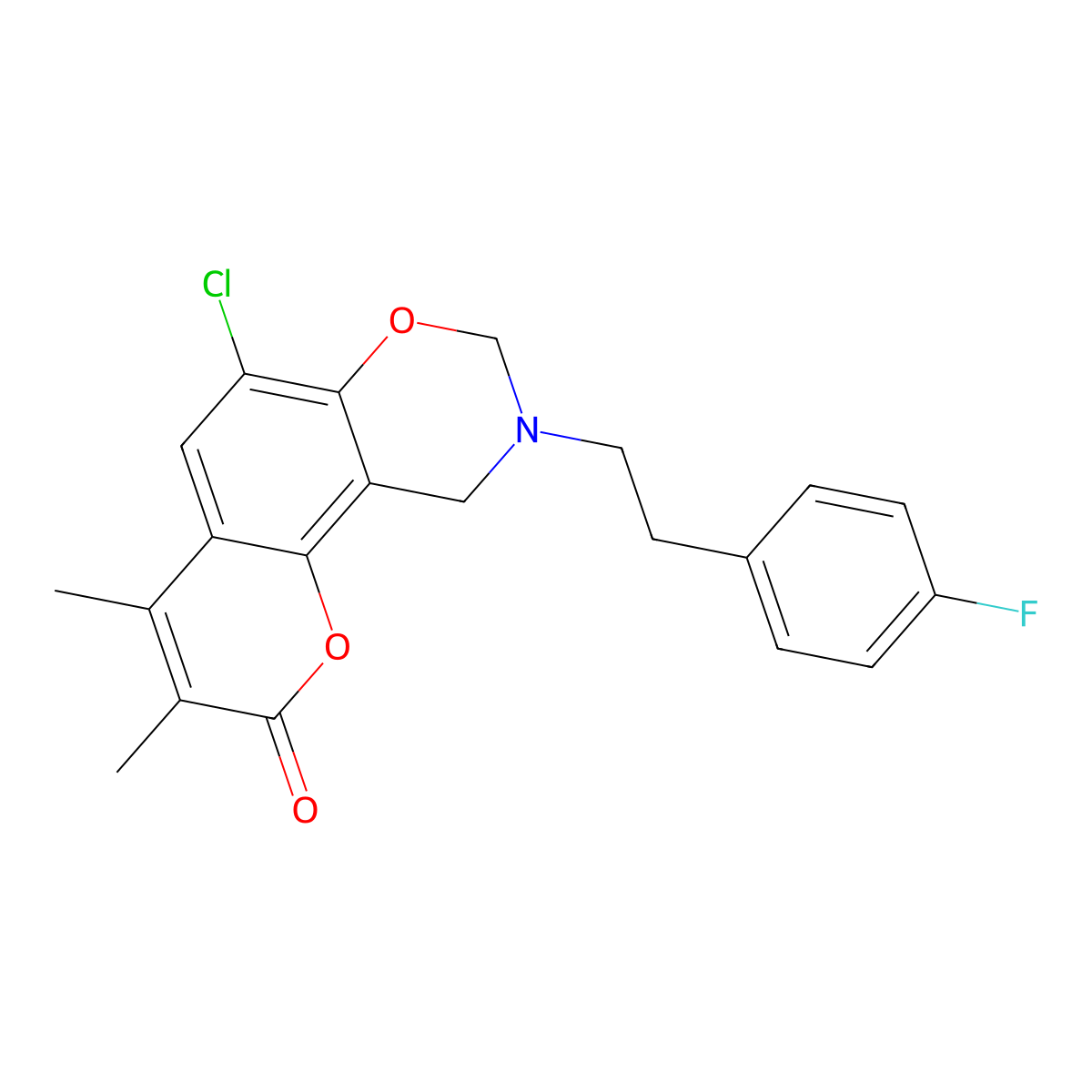 6-chloro-9-[2-(4-fluorophenyl)ethyl]-3,4-dimethyl-9,10-dihydro-2H,8H-chromeno[8,7-e][1,3]oxazin-2-one molecular structure, CAS 853893-54-6