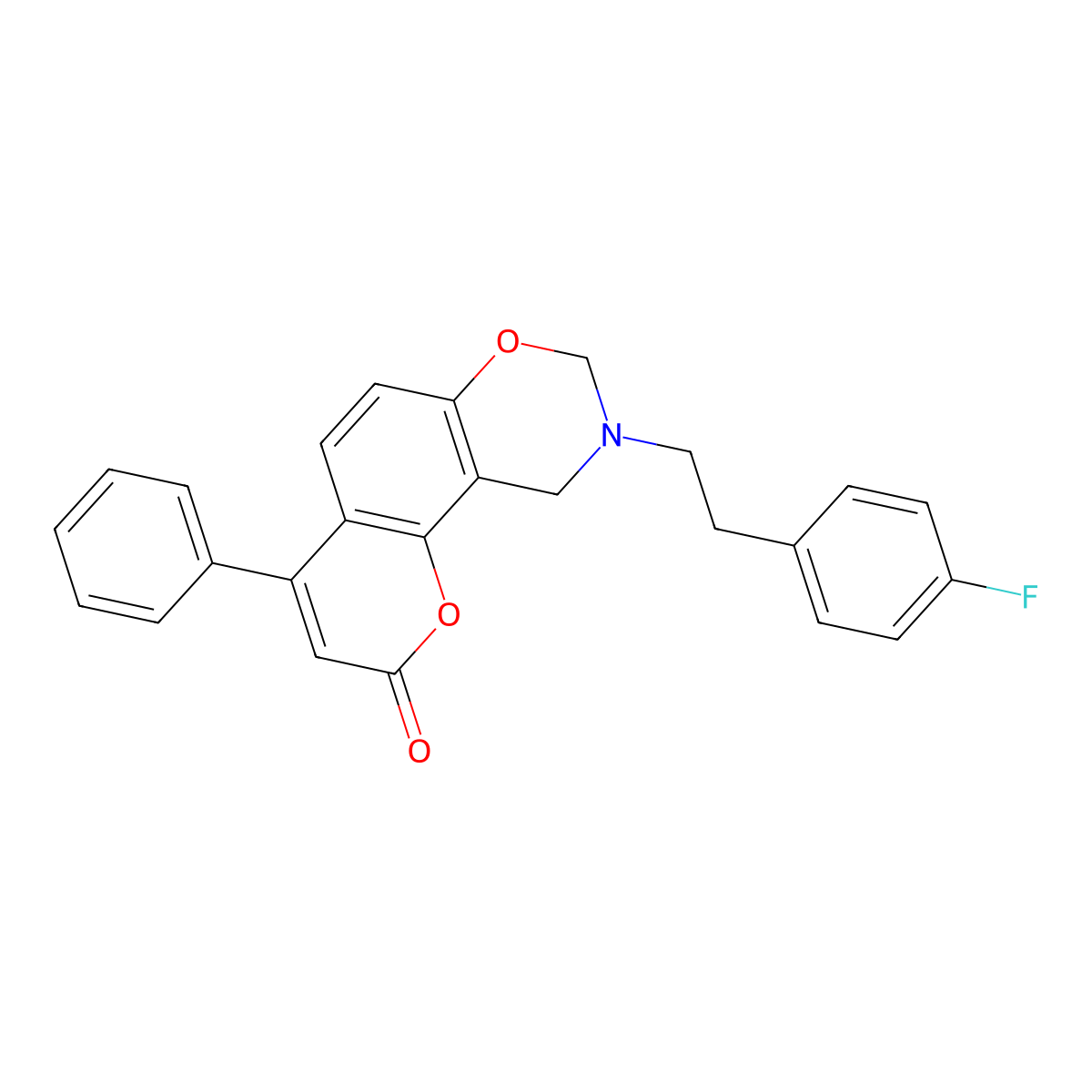 9-[2-(4-fluorophenyl)ethyl]-4-phenyl-9,10-dihydro-2H,8H-chromeno[8,7-e][1,3]oxazin-2-one molecular structure, CAS 853893-55-7