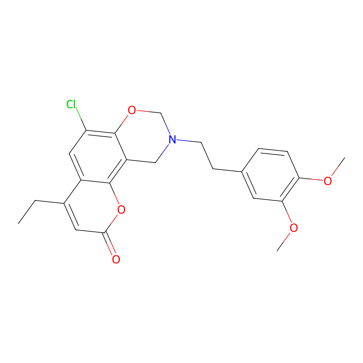 6-chloro-9-[2-(3,4-dimethoxyphenyl)ethyl]-4-ethyl-9,10-dihydro-2H,8H-chromeno[8,7-e][1,3]oxazin-2-one molecular structure, CAS 853893-69-3