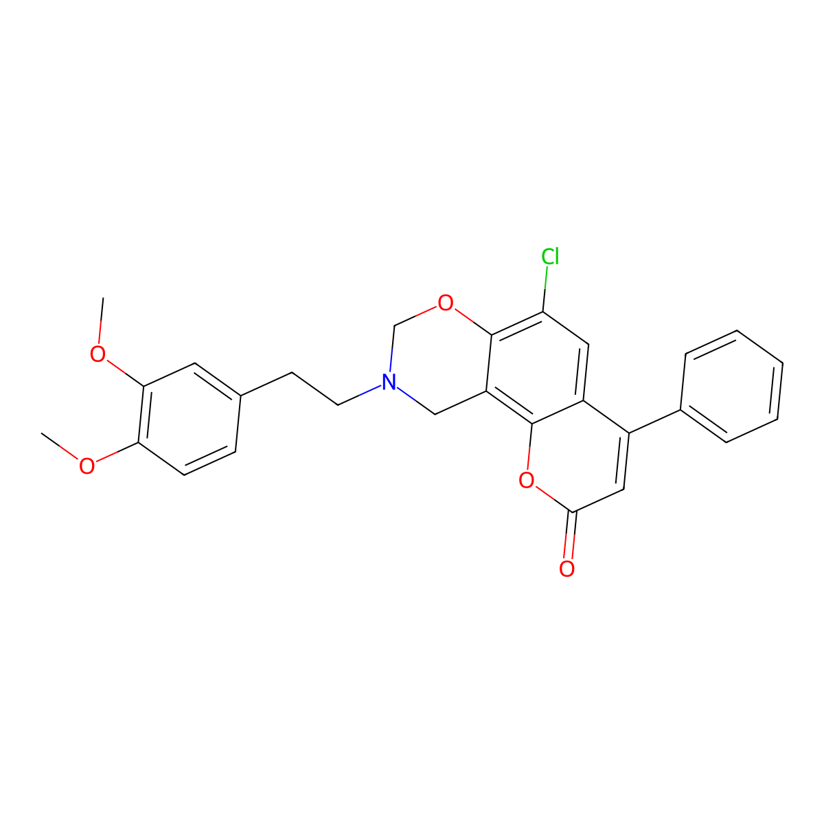 6-chloro-9-[2-(3,4-dimethoxyphenyl)ethyl]-4-phenyl-9,10-dihydro-2H,8H-chromeno[8,7-e][1,3]oxazin-2-one molecular structure, CAS 853893-73-9