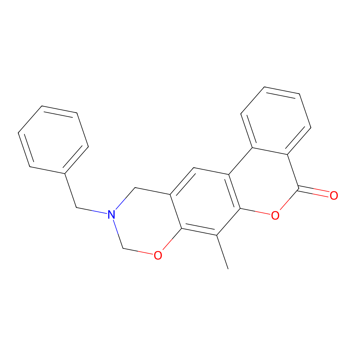 10-benzyl-7-methyl-10,11-dihydro-5H,9H-benzo[3,4]chromeno[6,7-e][1,3]oxazin-5-one molecular structure, CAS 853894-29-8