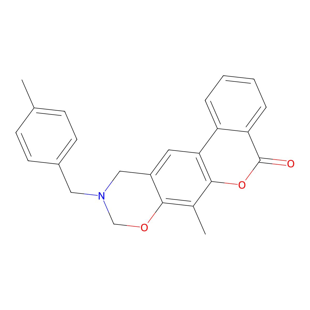 7-methyl-10-(4-methylbenzyl)-10,11-dihydro-5H,9H-benzo[3,4]chromeno[6,7-e][1,3]oxazin-5-one molecular structure, CAS 853894-37-8