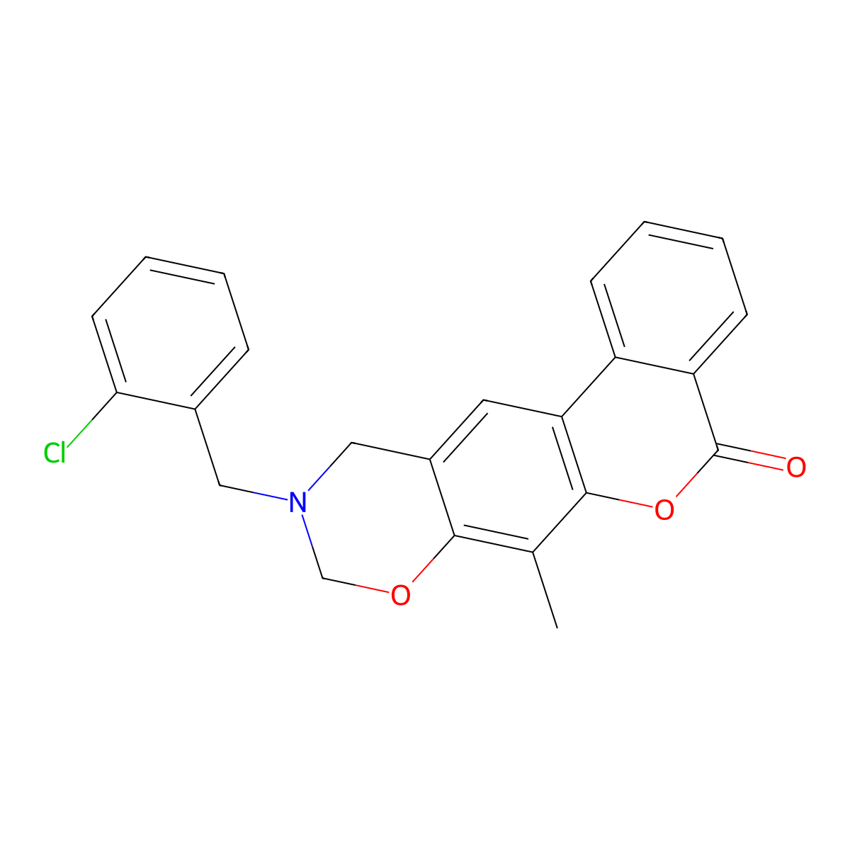 10-(2-chlorobenzyl)-7-methyl-10,11-dihydro-5H,9H-benzo[3,4]chromeno[6,7-e][1,3]oxazin-5-one molecular structure, CAS 853894-61-8