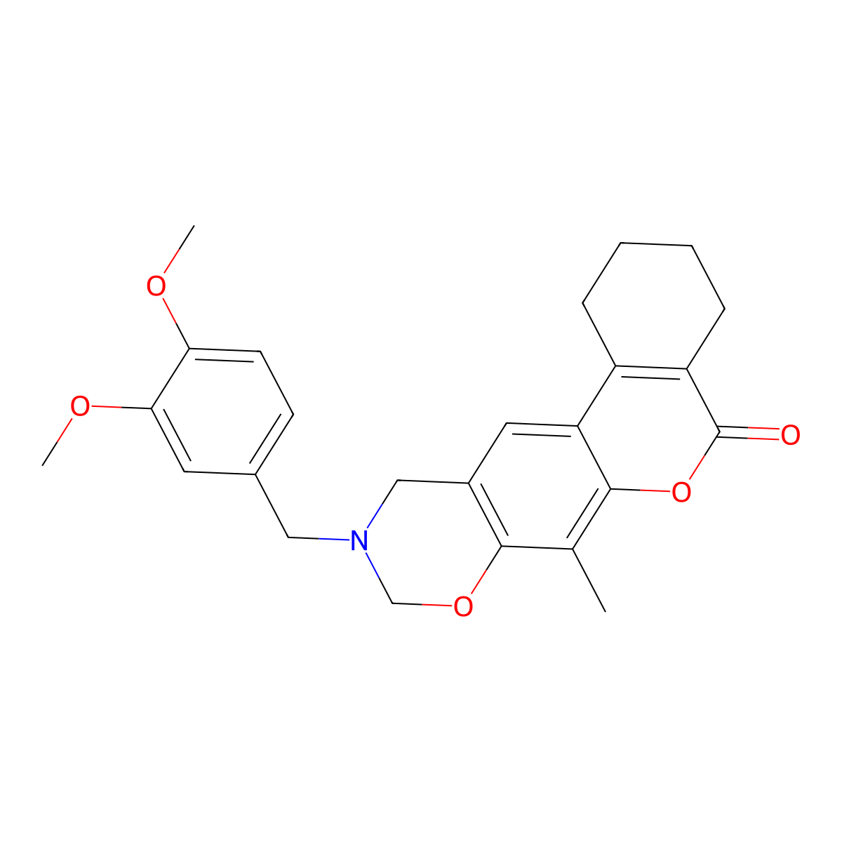 10-(3,4-dimethoxybenzyl)-7-methyl-1,2,3,4,10,11-hexahydro-5H,9H-benzo[3,4]chromeno[6,7-e][1,3]oxazin-5-one molecular structure, CAS 853894-88-9