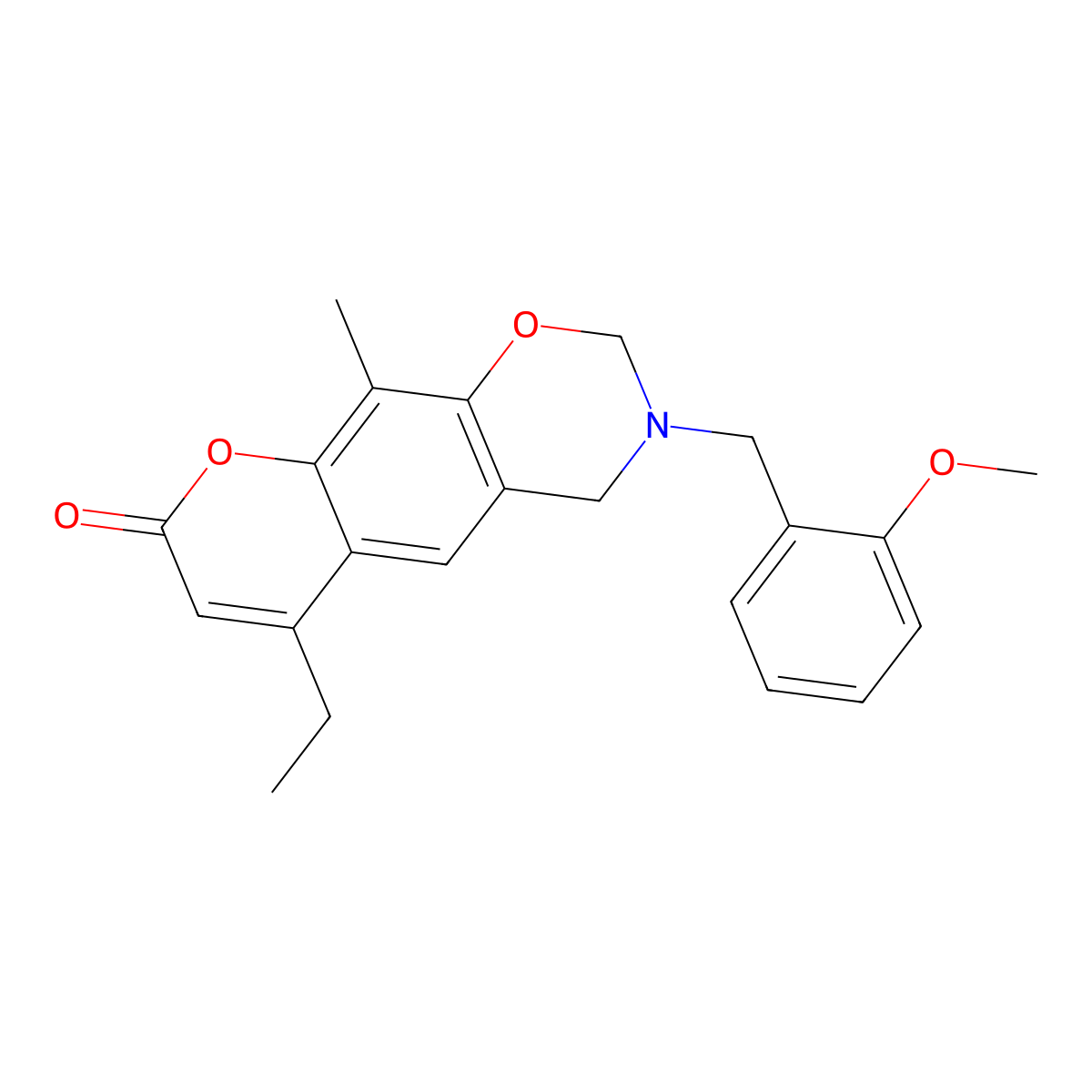 6-ethyl-3-(2-methoxybenzyl)-10-methyl-3,4-dihydro-2H,8H-chromeno[6,7-e][1,3]oxazin-8-one molecular structure, CAS 853895-05-3