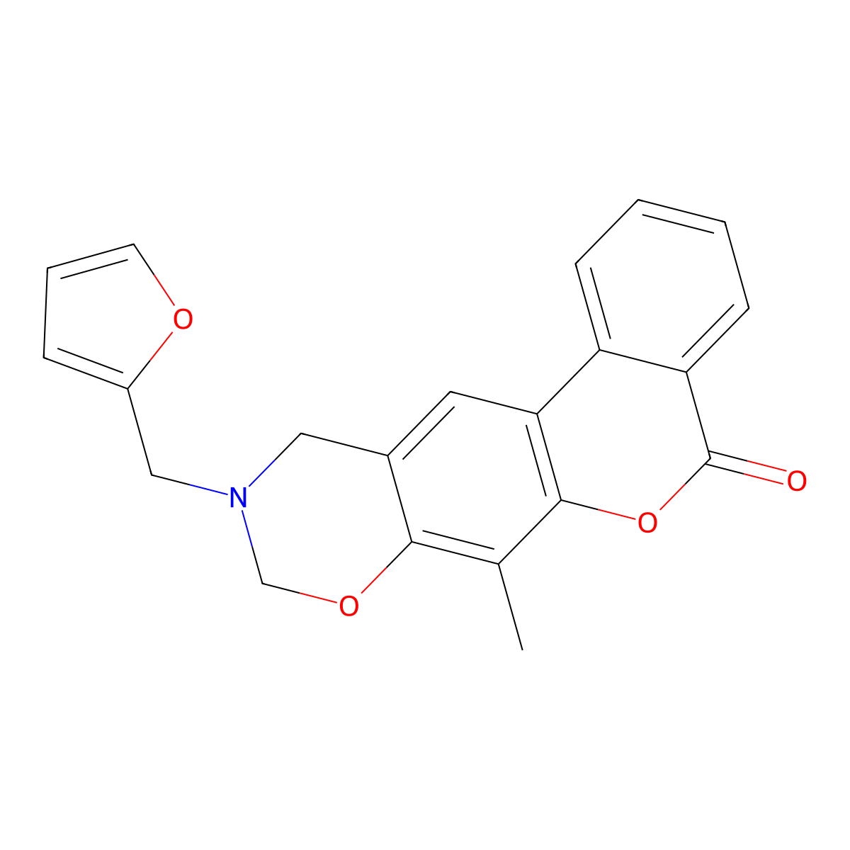 10-(2-furylmethyl)-7-methyl-9H,11H-benzo[c]1,3-oxazino[5,6-g]chromen-5-one molecular structure, CAS 853895-35-9