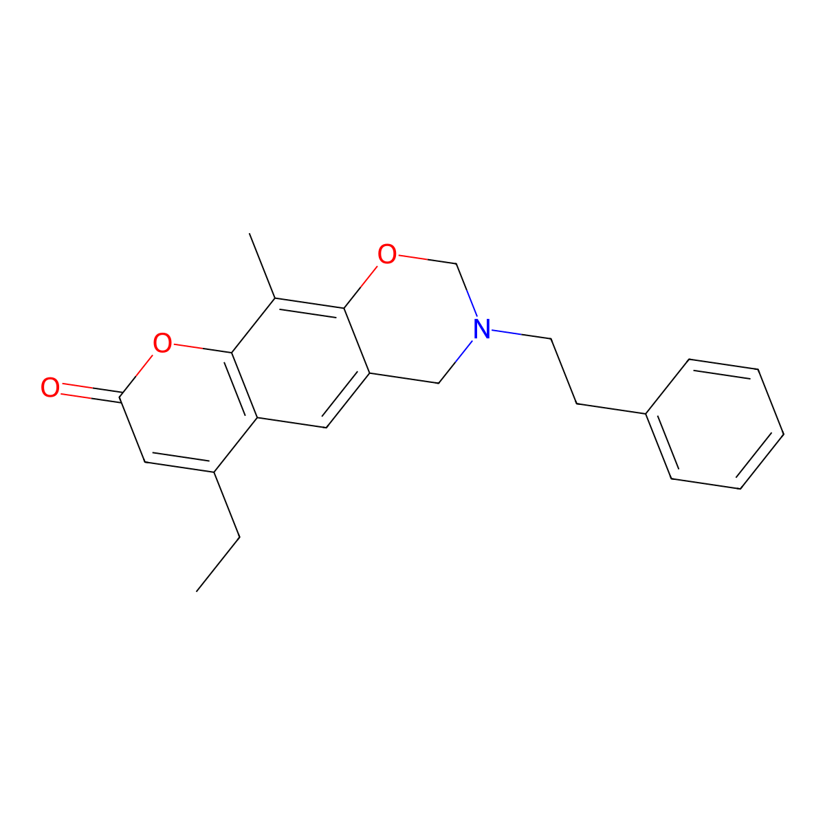 6-ethyl-10-methyl-3-(2-phenylethyl)-3,4-dihydro-2H,8H-chromeno[6,7-e][1,3]oxazin-8-one molecular structure, CAS 853895-39-3
