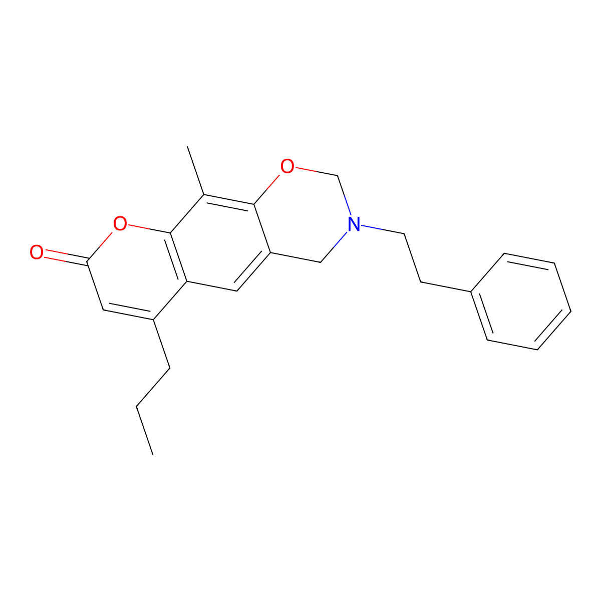 10-methyl-3-(2-phenylethyl)-6-propyl-3,4-dihydro-2H,8H-chromeno[6,7-e][1,3]oxazin-8-one molecular structure, CAS 853895-40-6