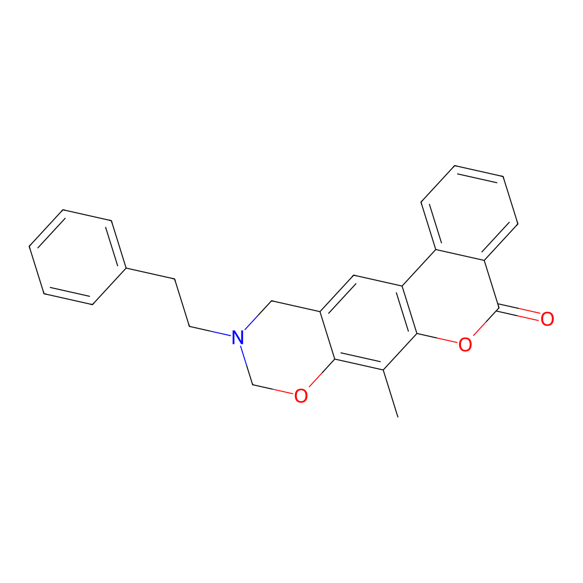 7-methyl-10-(2-phenylethyl)-10,11-dihydro-5H,9H-benzo[3,4]chromeno[6,7-e][1,3]oxazin-5-one molecular structure, CAS 853895-46-2