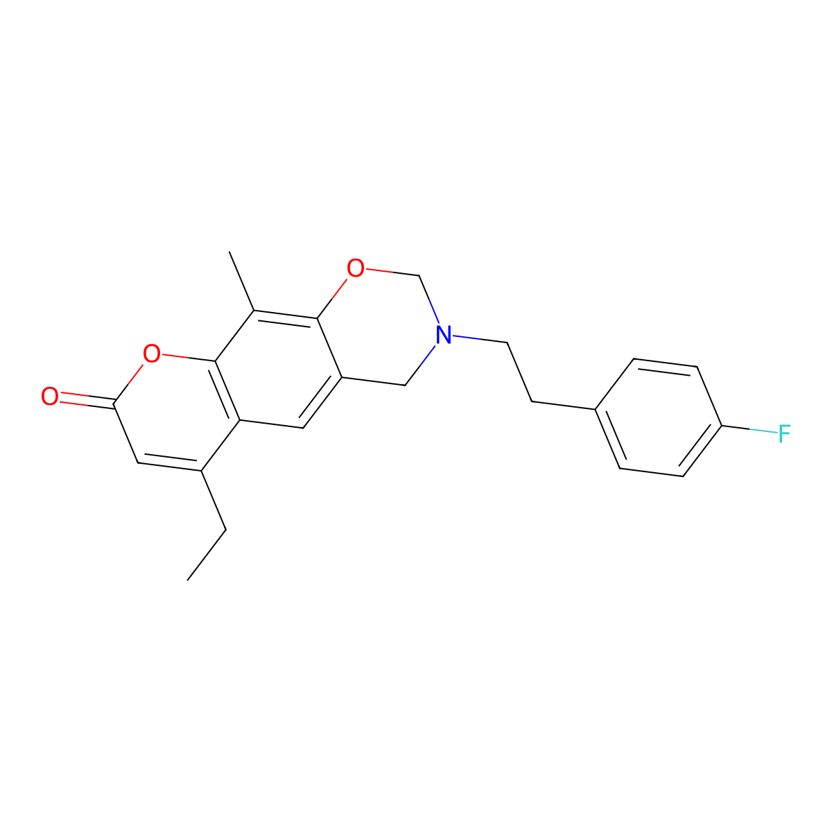 6-ethyl-3-[2-(4-fluorophenyl)ethyl]-10-methyl-3,4-dihydro-2H,8H-chromeno[6,7-e][1,3]oxazin-8-one molecular structure, CAS 853895-58-6