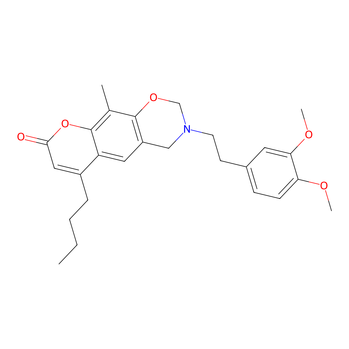6-butyl-3-[2-(3,4-dimethoxyphenyl)ethyl]-10-methyl-3,4-dihydro-2H,8H-chromeno[6,7-e][1,3]oxazin-8-one molecular structure, CAS 853895-82-6