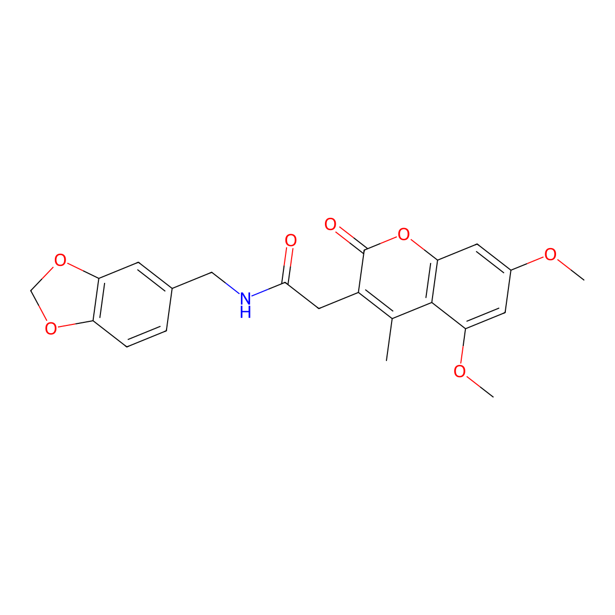 N-(1,3-benzodioxol-5-ylmethyl)-2-(5,7-dimethoxy-4-methyl-2-oxo-2H-chromen-3-yl)acetamide molecular structure, CAS 853898-25-6