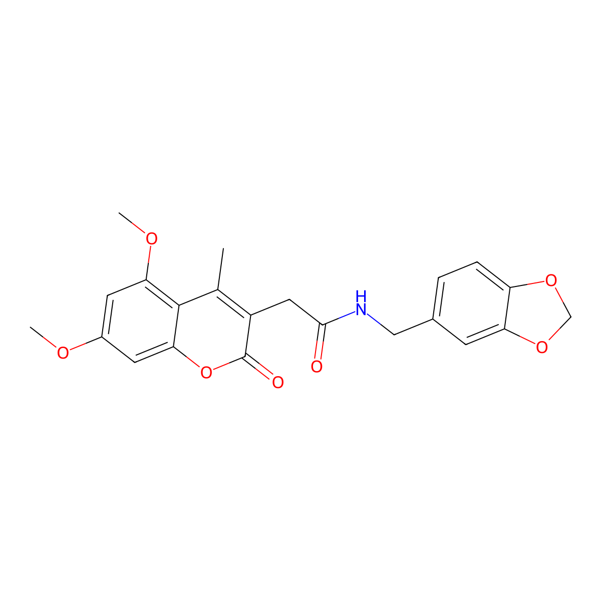 N-(1,3-benzodioxol-5-ylmethyl)-2-(5,7-dimethoxy-4-methyl-2-oxo-2H-chromen-3-yl)acetamide molecular structure, CAS 853898-25-6