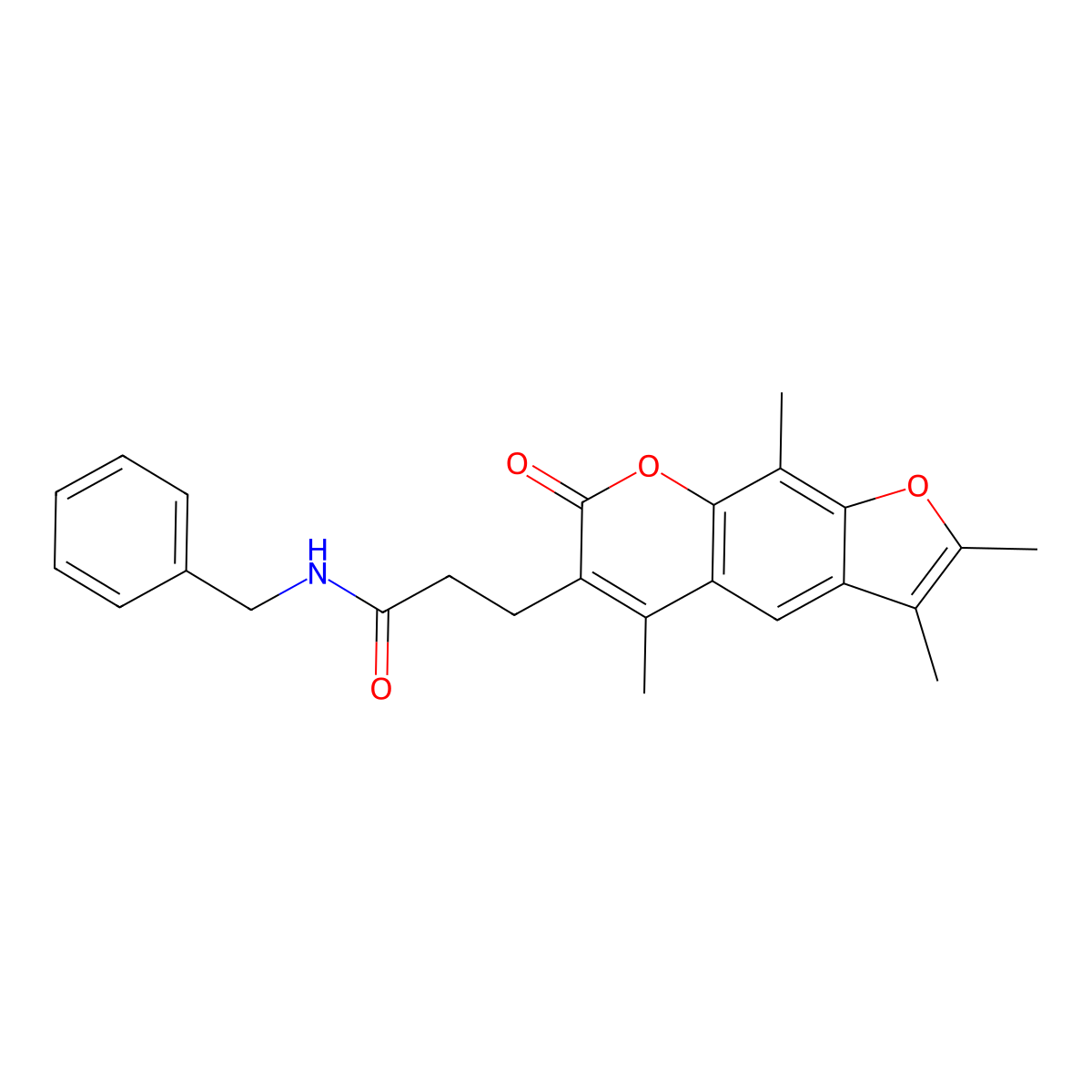 N-Benzyl-3-{2,3,5,9-tetramethyl-7-oxo-7H-furo[3,2-G]chromen-6-YL}propanamide molecular structure, CAS 853900-00-2