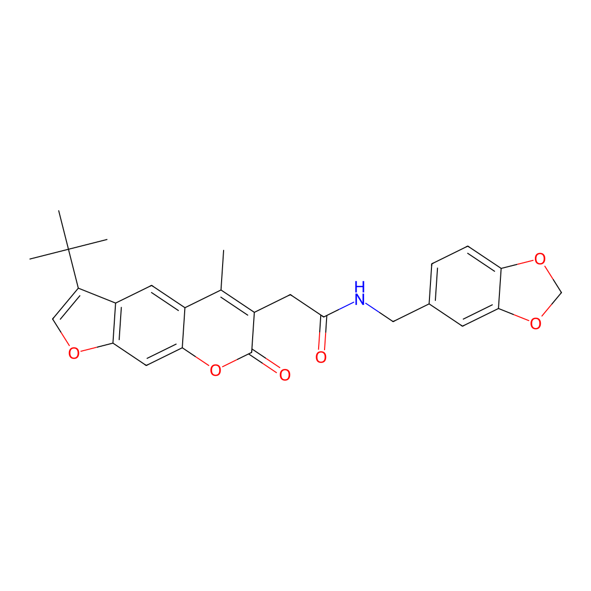 N-(1,3-benzodioxol-5-ylmethyl)-2-(3-tert-butyl-5-methyl-7-oxo-7H-furo[3,2-g]chromen-6-yl)acetamide molecular structure, CAS 853900-34-2