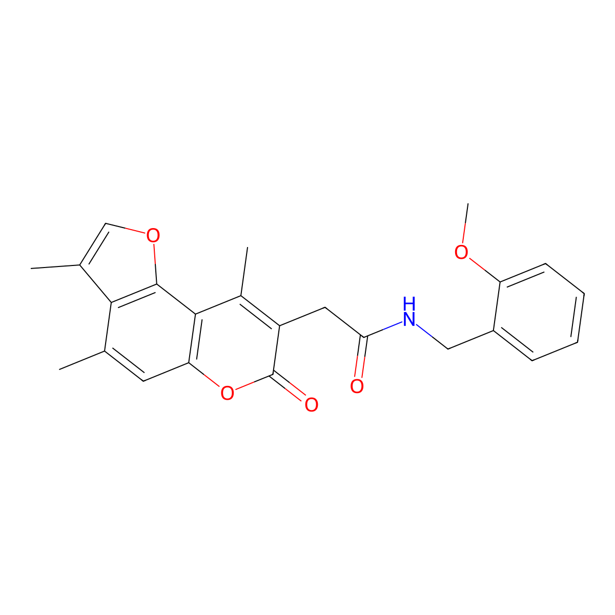 N-(2-methoxybenzyl)-2-(3,4,9-trimethyl-7-oxo-7H-furo[2,3-f]chromen-8-yl)acetamide molecular structure, CAS 853901-33-4