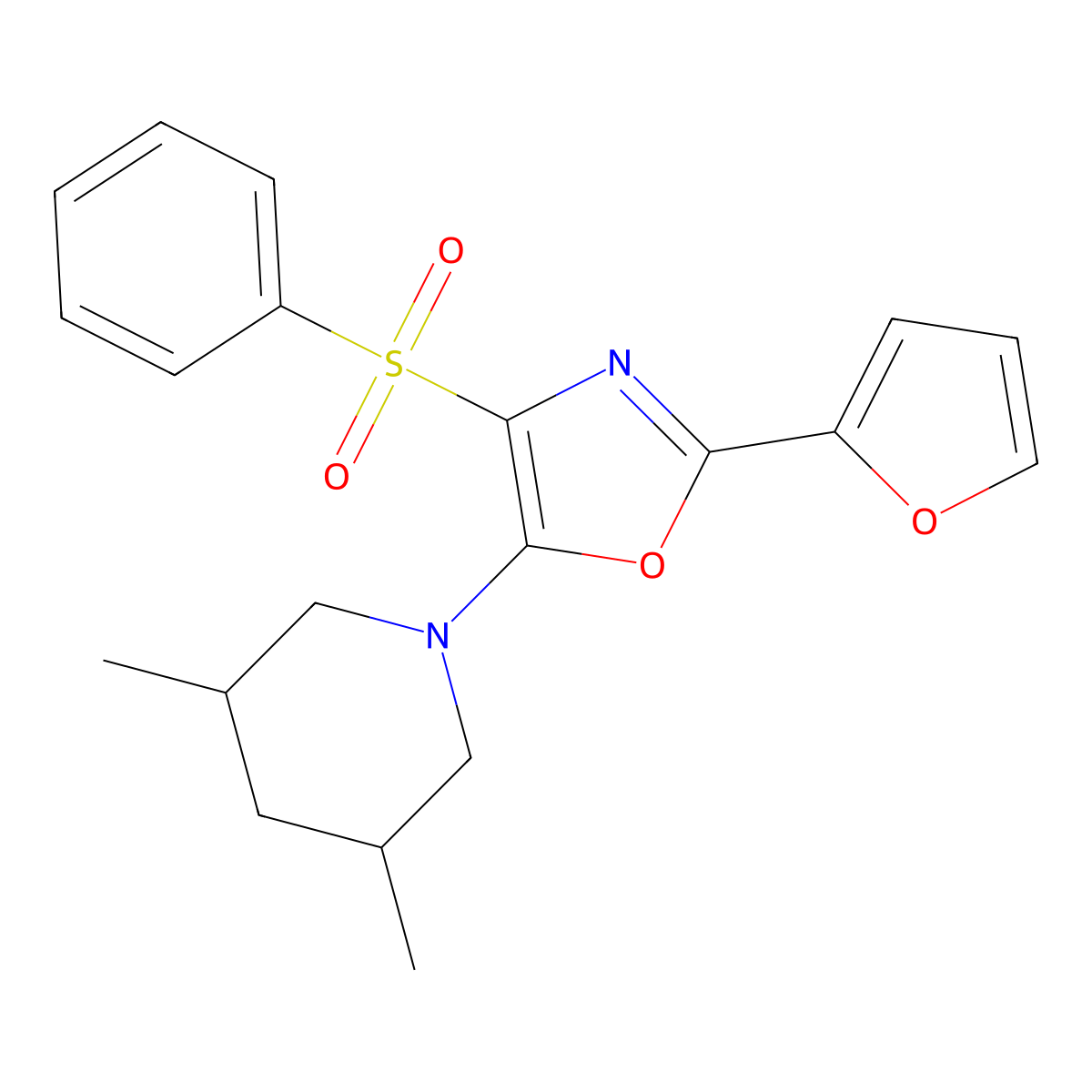 5-(3,5-Dimethylpiperidin-1-yl)-2-(furan-2-yl)-4-(phenylsulfonyl)oxazole molecular structure, CAS 853902-21-3