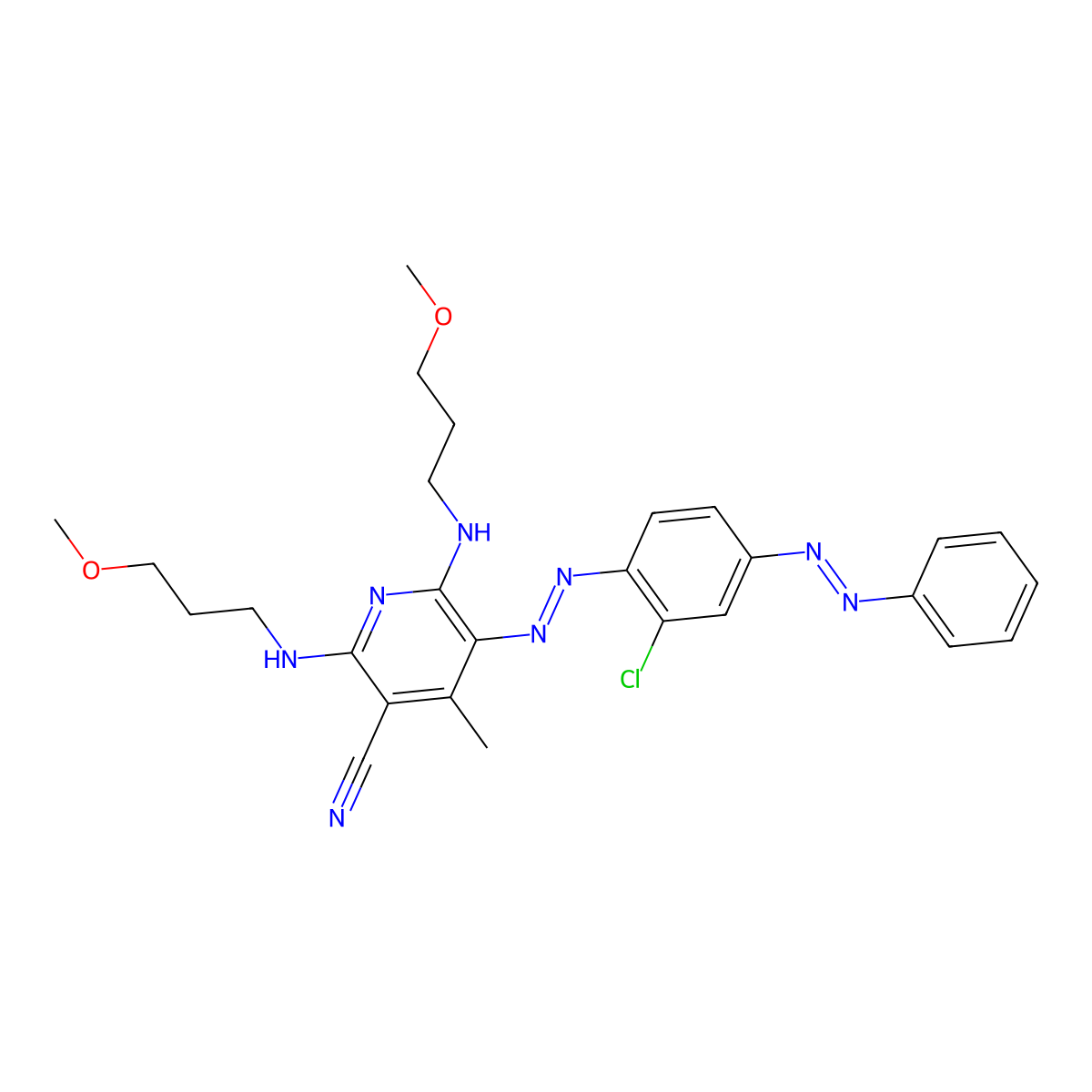 3-Pyridinecarbonitrile, 5-[2-[2-chloro-4-(2-phenyldiazenyl)phenyl]diazenyl]-2,6-bis[(3-methoxypropyl)amino]-4-methyl- molecular structure, CAS 85392-21-8