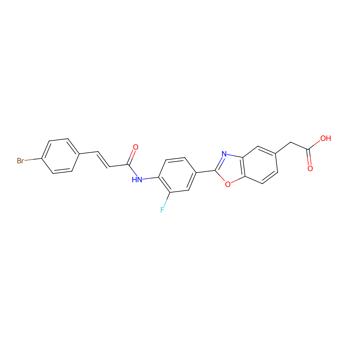(E)-2-(2-(4-(3-(4-bromophenyl)acrylamido)-3-fluorophenyl)benzo[d]oxazol-5-yl)acetic acid molecular structure, CAS 853929-59-6