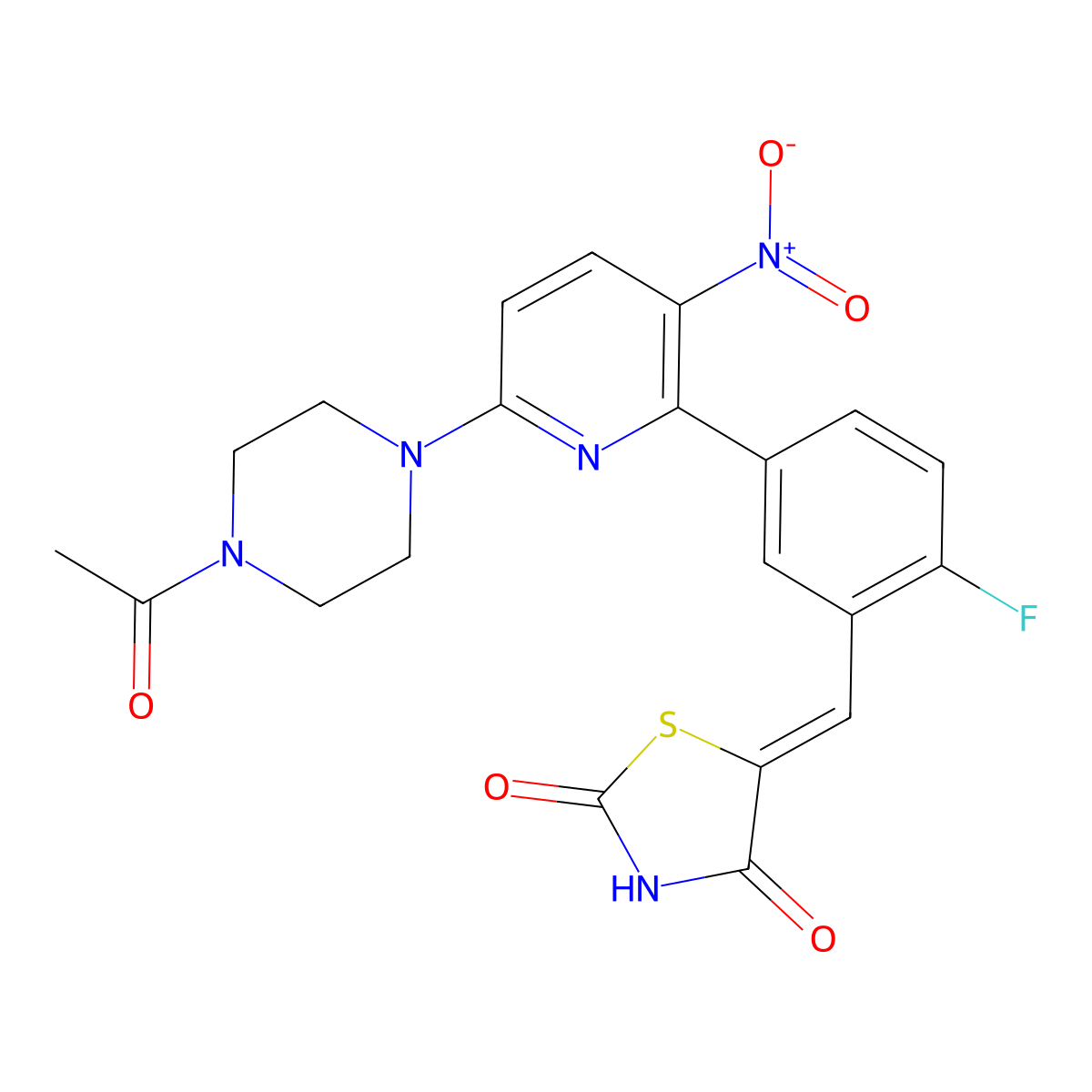 5-(5-(6-(4-Acetylpiperazin-1-yl)-3-nitropyridin-2-yl)-2-fluorobenzylidene)thiazolidine-2,4-dione molecular structure, CAS 853953-65-8