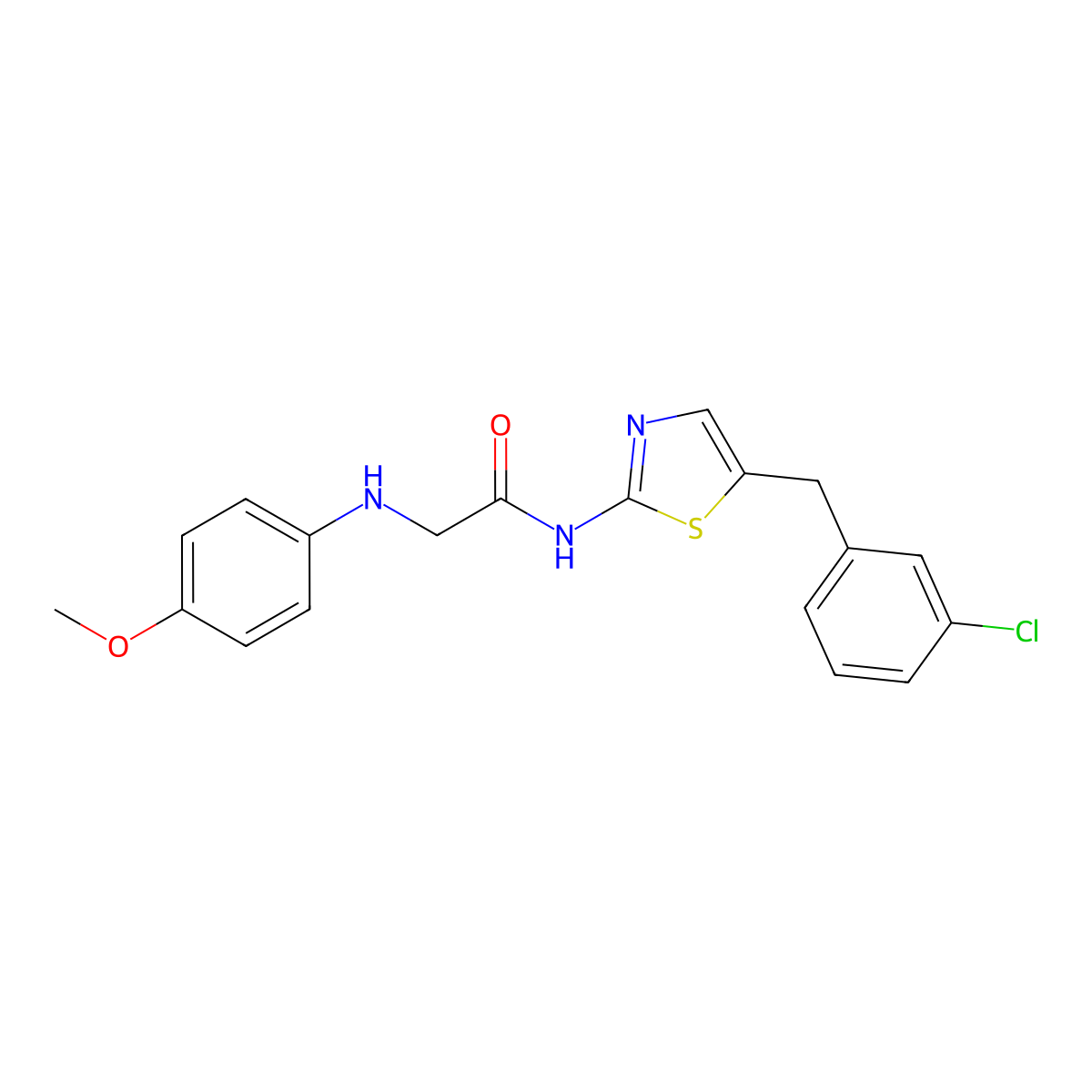 N-(5-(3-chlorobenzyl)thiazol-2-yl)-2-((4-methoxyphenyl)amino)acetamide molecular structure, CAS 854003-93-3