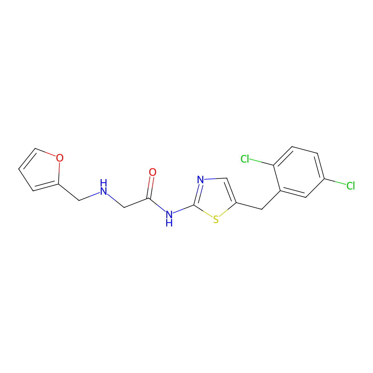 N-(5-(2,5-dichlorobenzyl)thiazol-2-yl)-2-((furan-2-ylmethyl)amino)acetamide molecular structure, CAS 854004-52-7