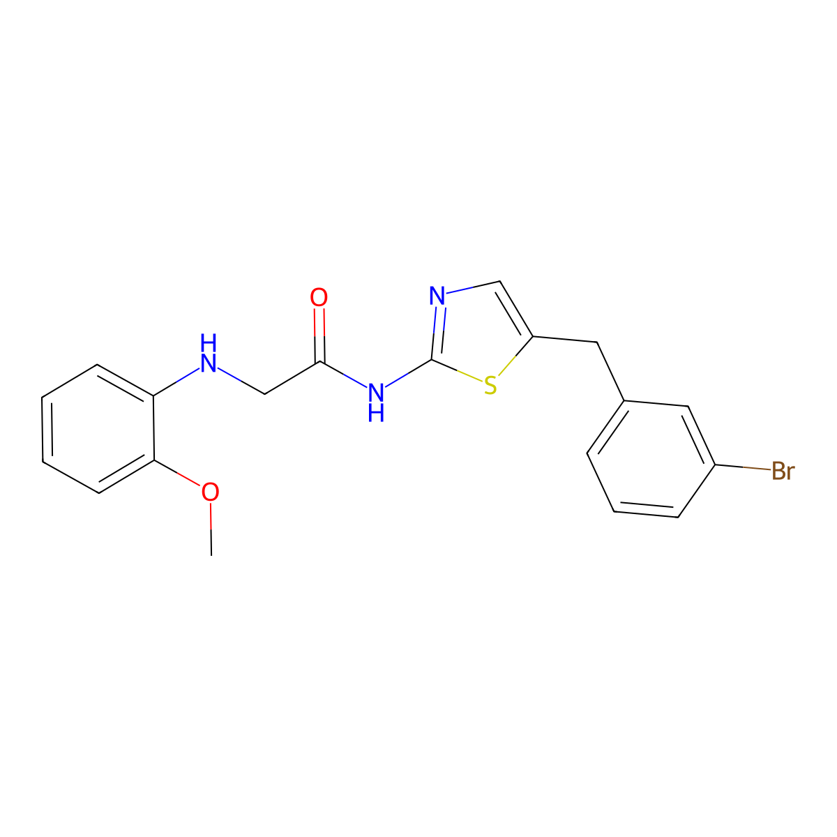 N-(5-(3-bromobenzyl)thiazol-2-yl)-2-((2-methoxyphenyl)amino)acetamide molecular structure, CAS 854005-09-7