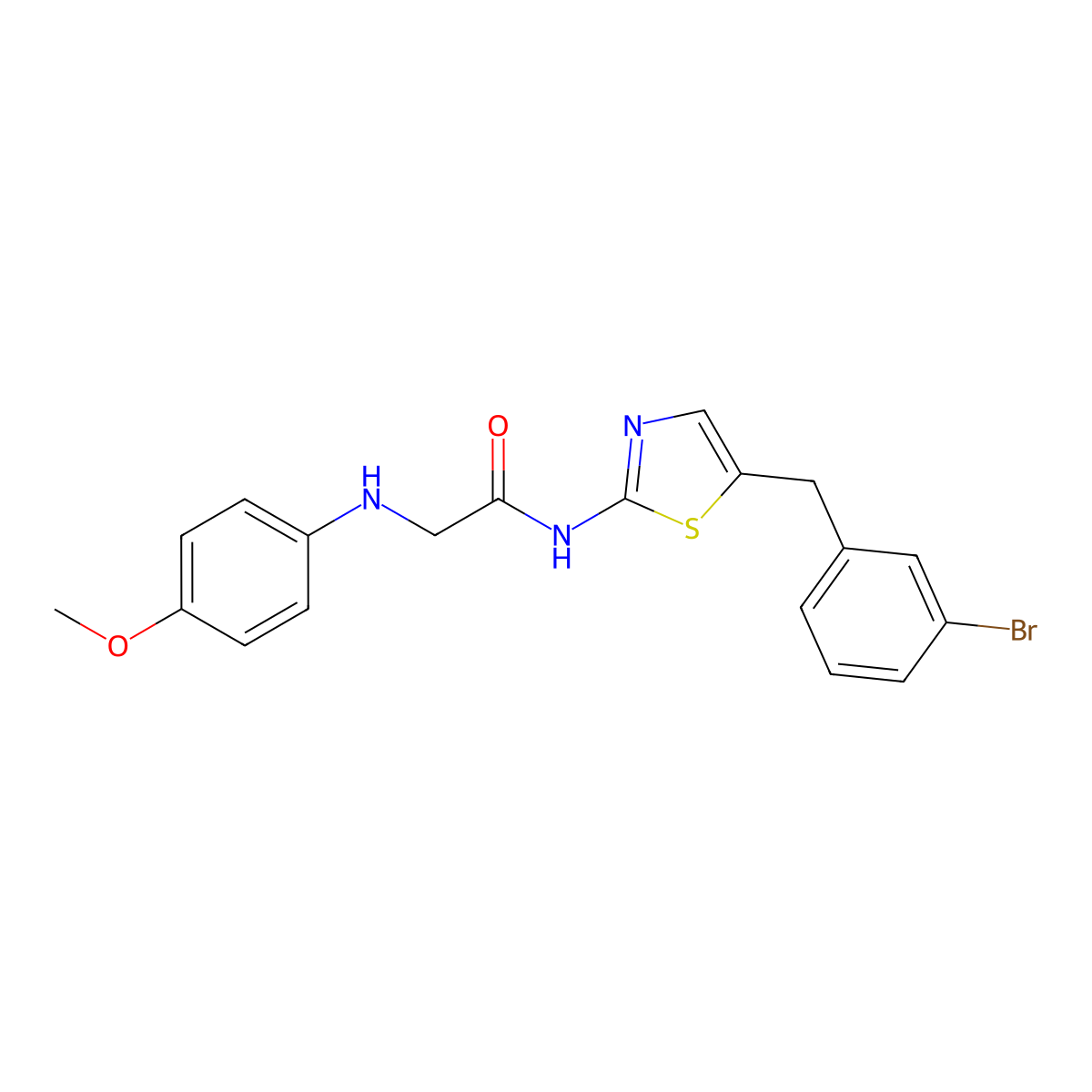 N-(5-(3-bromobenzyl)thiazol-2-yl)-2-((4-methoxyphenyl)amino)acetamide molecular structure, CAS 854005-10-0