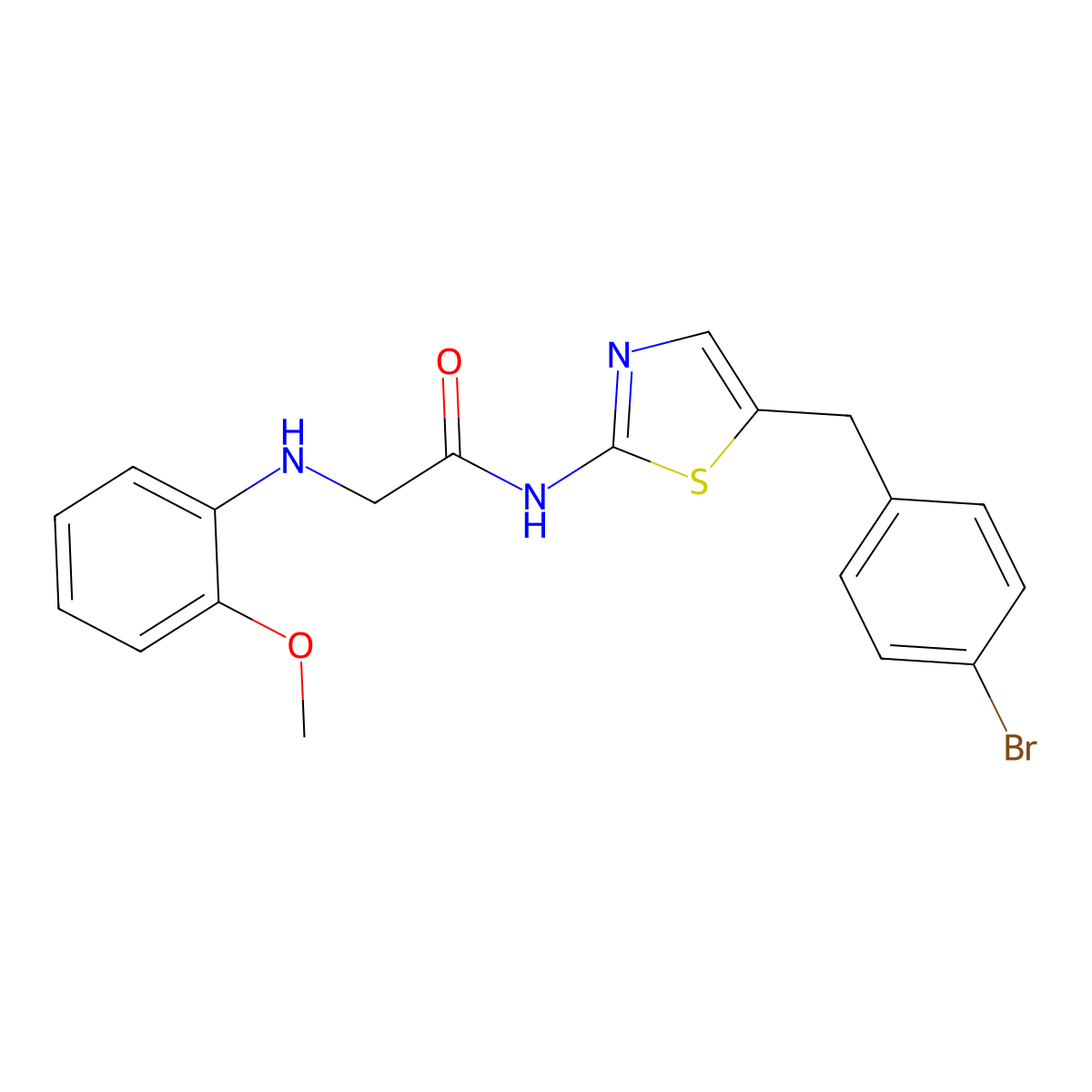 N-(5-(4-bromobenzyl)thiazol-2-yl)-2-((2-methoxyphenyl)amino)acetamide molecular structure, CAS 854005-12-2