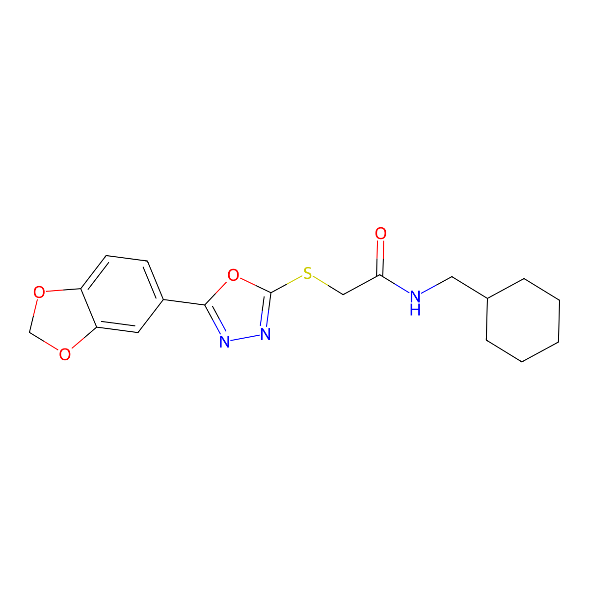 2-[[5-(1,3-benzodioxol-5-yl)-1,3,4-oxadiazol-2-yl]sulfanyl]-N-(cyclohexylmethyl)acetamide molecular structure, CAS 854025-80-2