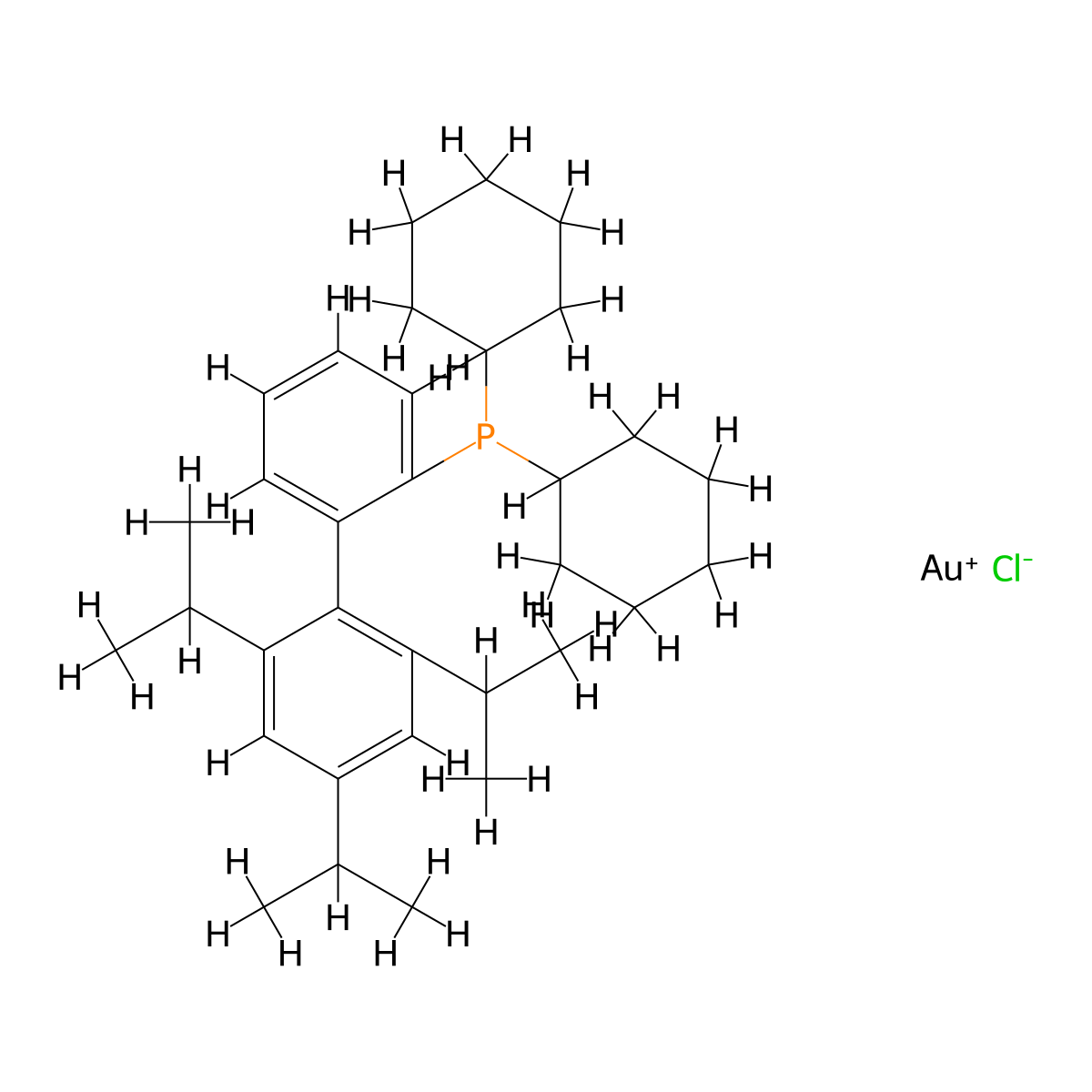 2-Dicyclohexylphosphino-2',4',6'-triisopropylbiphenyl gold(I) chloride , XPhos AuCl molecular structure, CAS 854045-94-6