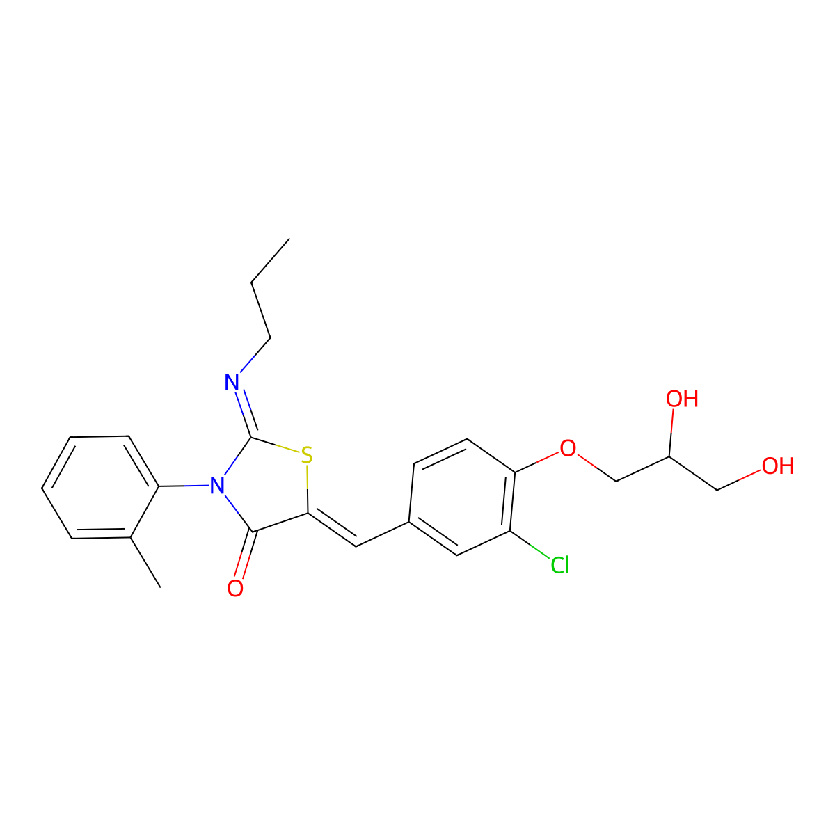 (Z)-5-((Z)-3-chloro-4-((S)-2,3-dihydroxypropoxy)benzylidene)-2-(propylimino)-3-(o-tolyl)thiazolidin-4-one molecular structure, CAS 854111-49-2