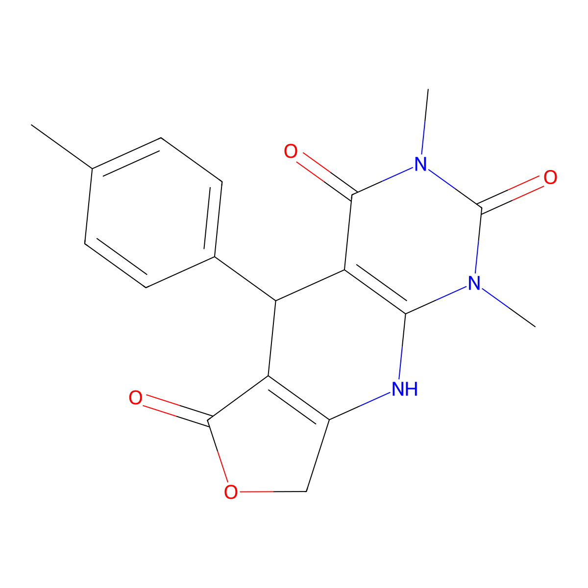 1,3-dimethyl-5-(p-tolyl)-5,9-dihydrofuro[3',4':5,6]pyrido[2,3-d]pyrimidine-2,4,6(1H,3H,8H)-trione molecular structure, CAS 854137-39-6