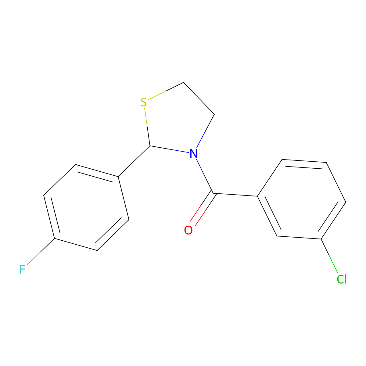 (3-Chlorophenyl)(2-(4-fluorophenyl)thiazolidin-3-yl)methanone molecular structure, CAS 854177-17-6