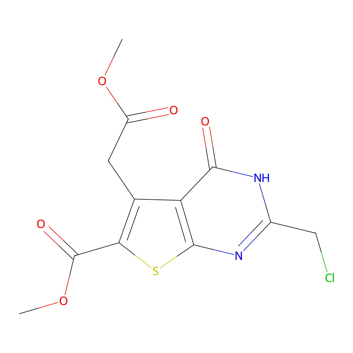 Methyl 2-(chloromethyl)-5-(2-methoxy-2-oxoethyl)-4-oxo-3,4-dihydrothieno[2,3-d]pyrimidine-6-carboxylate molecular structure, CAS 854357-39-4