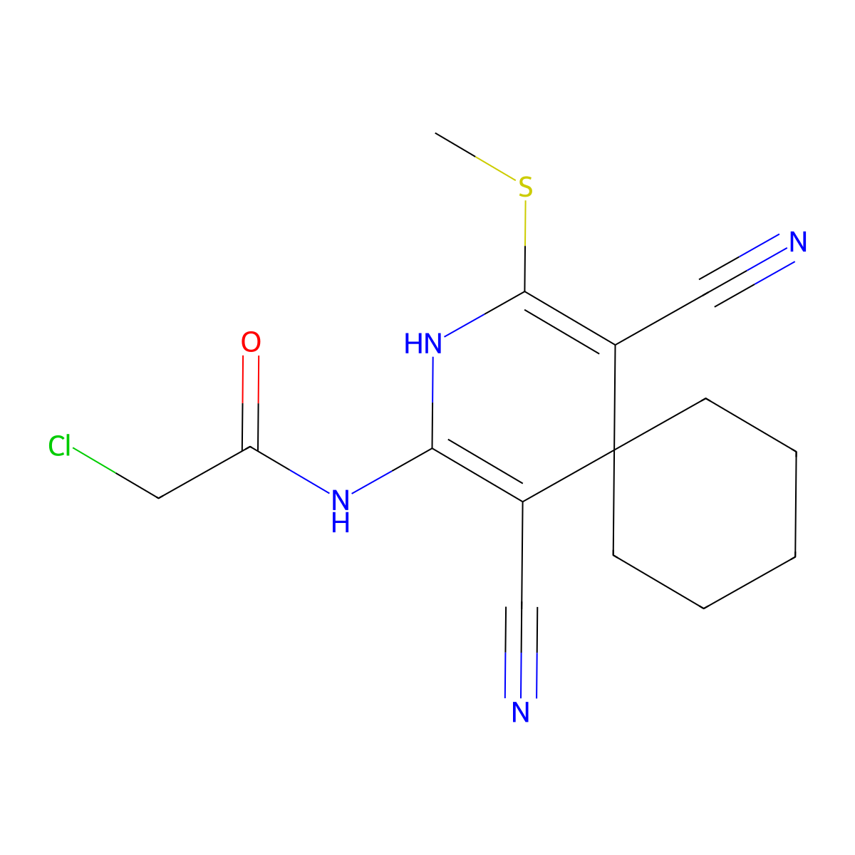 2-chloro-N-[1,5-dicyano-4-(methylthio)-3-azaspiro[5.5]undeca-1,4-dien-2-yl]acetamide molecular structure, CAS 854357-44-1
