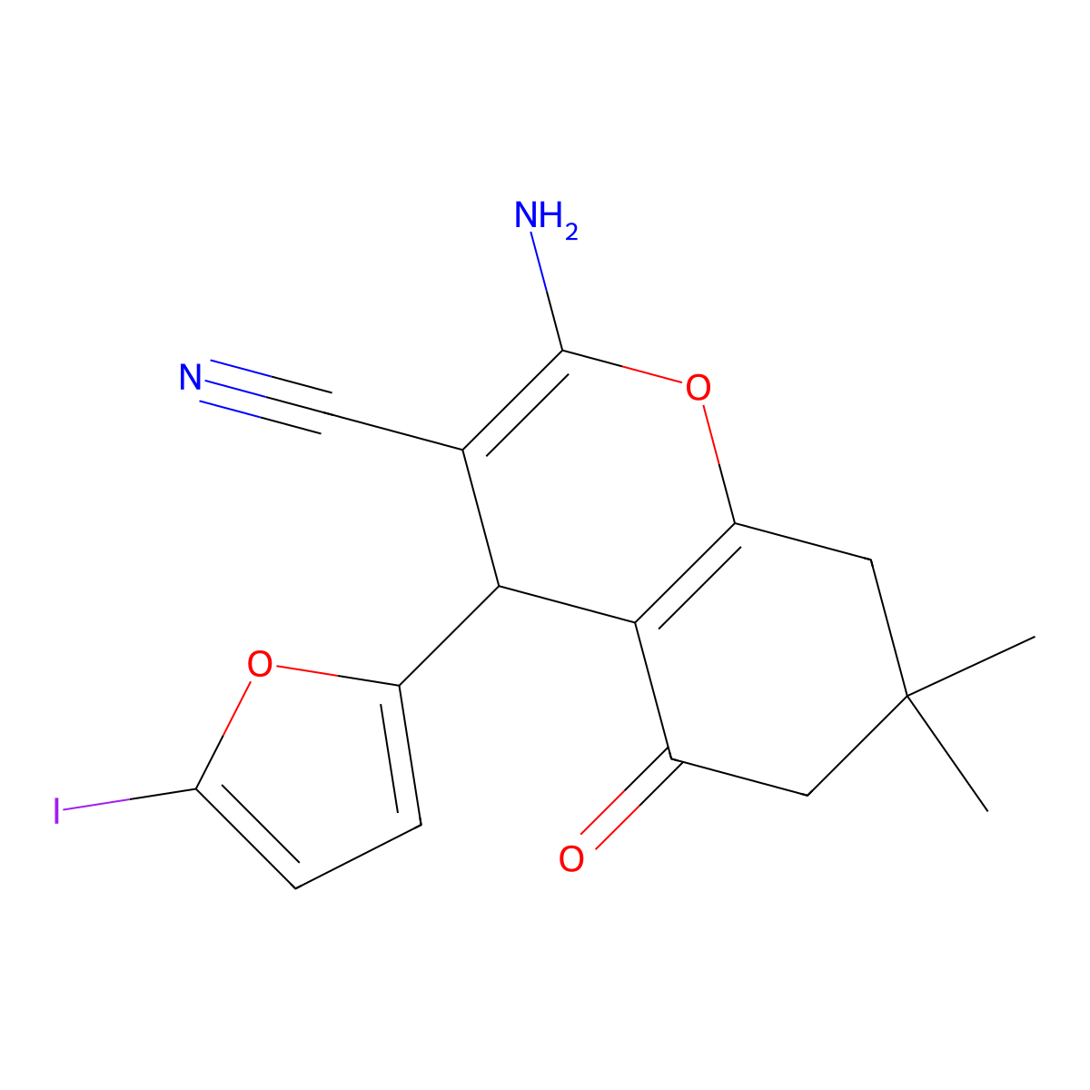 2-amino-4-(5-iodofuran-2-yl)-7,7-dimethyl-5-oxo-6,8-dihydro-4H-chromene-3-carbonitrile molecular structure, CAS 85459-86-5