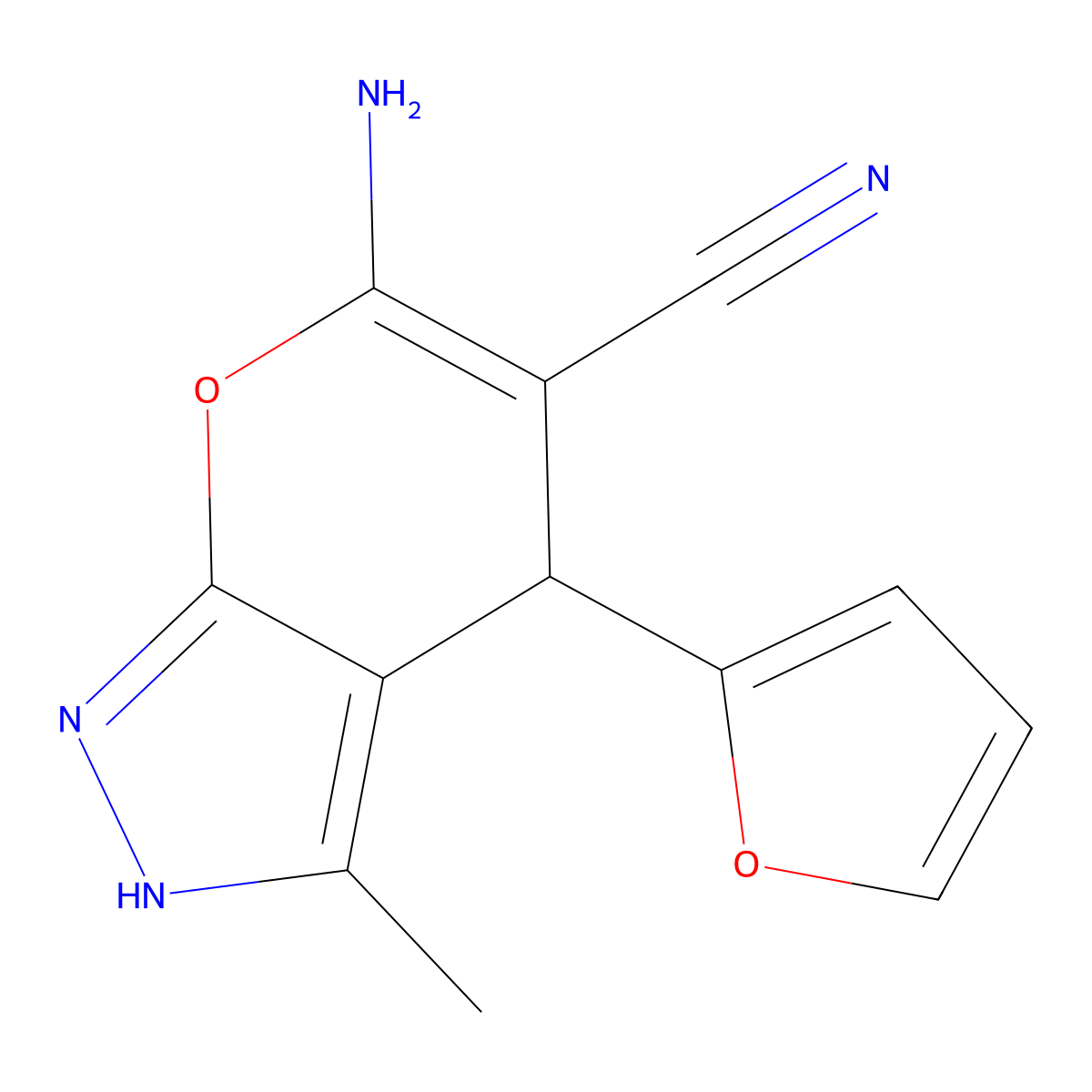 6-Amino-4-(furan-2-yl)-3-methyl-1,4-dihydropyrano[2,3-c]pyrazole-5-carbonitrile molecular structure, CAS 85459-97-8