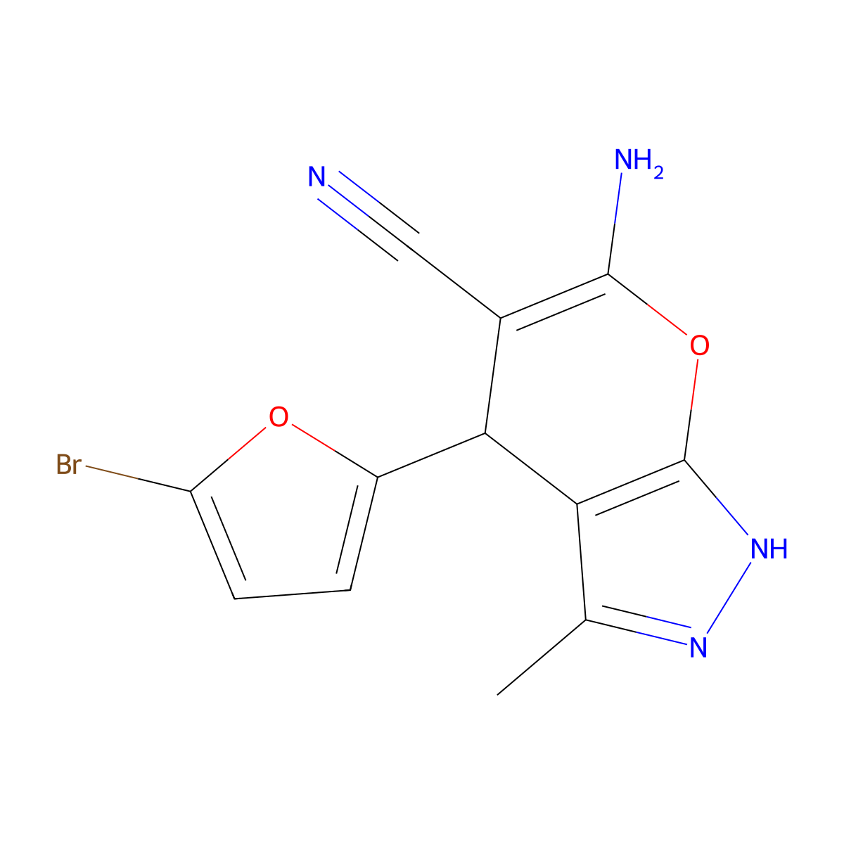 6-Amino-4-(5-bromo-2-furanyl)-1,4-dihydro-3-methylpyrano[2,3-c]pyrazole-5-carbonitrile molecular structure, CAS 85459-98-9